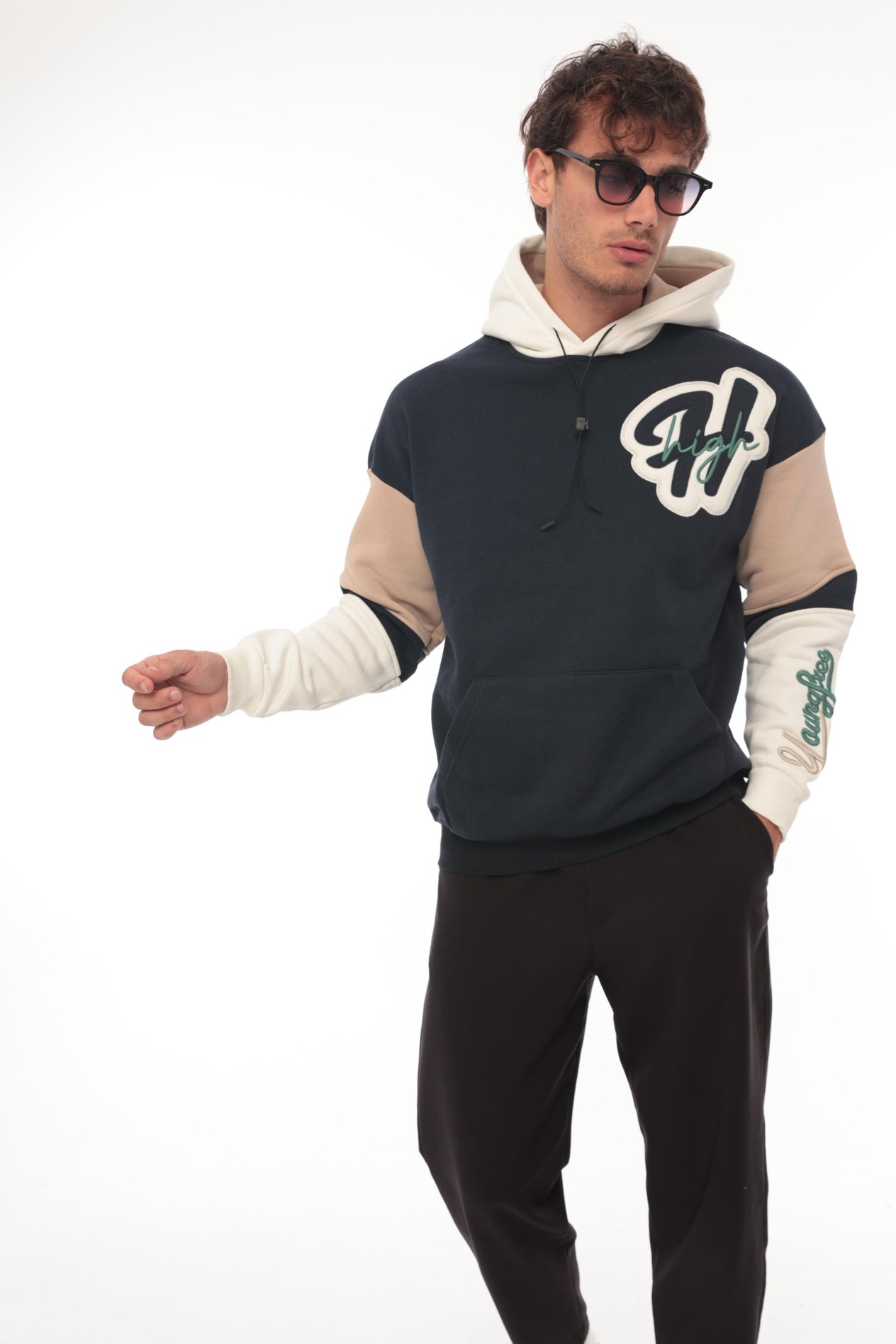 Miron High Nakışlı Oversize Sweatshirt - Lacivert Bej- 2315