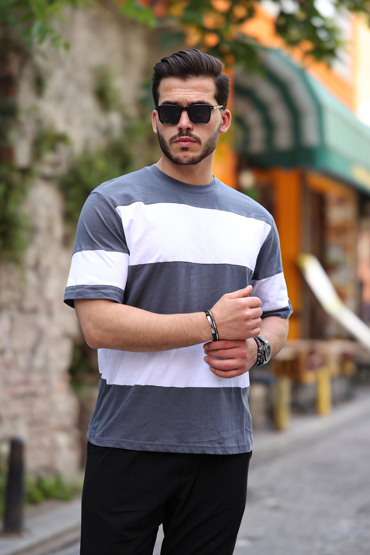 Miron İki Renk Kısa Kollu Tişört Oversize- Füme-Beyaz- 2421