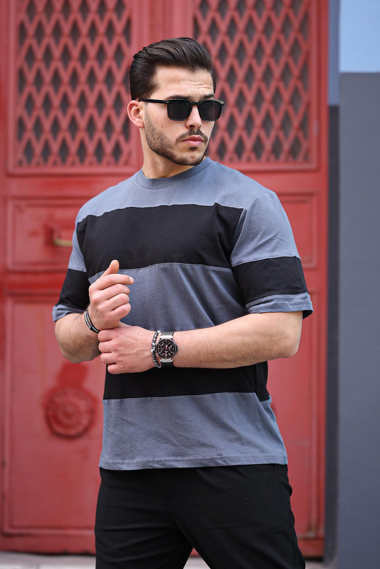 Miron İki Renk Kısa Kollu Tişört Oversize-Siyah-Füme- 2421