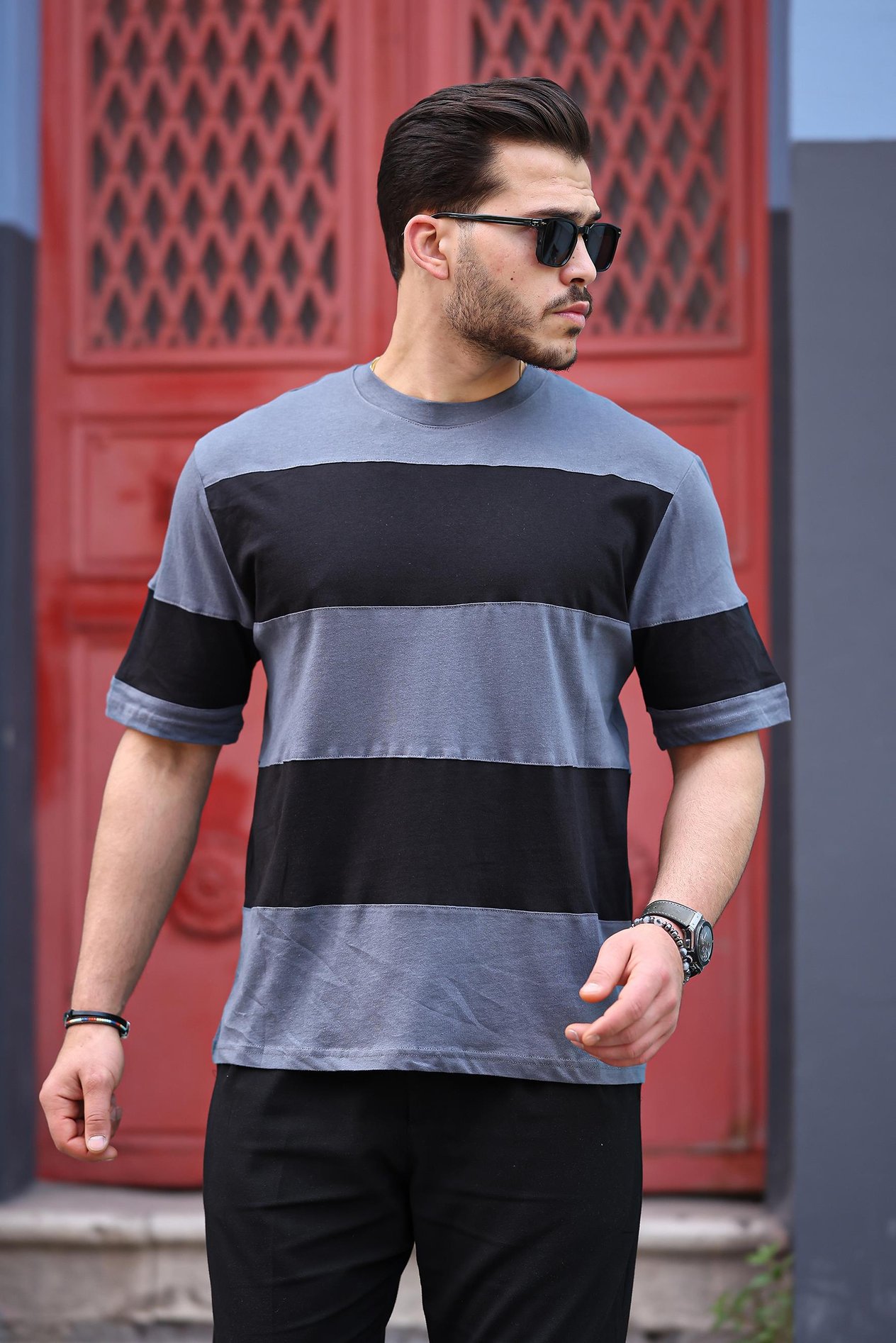 Miron İki Renk Kısa Kollu Tişört Oversize-Siyah-Füme- 2421