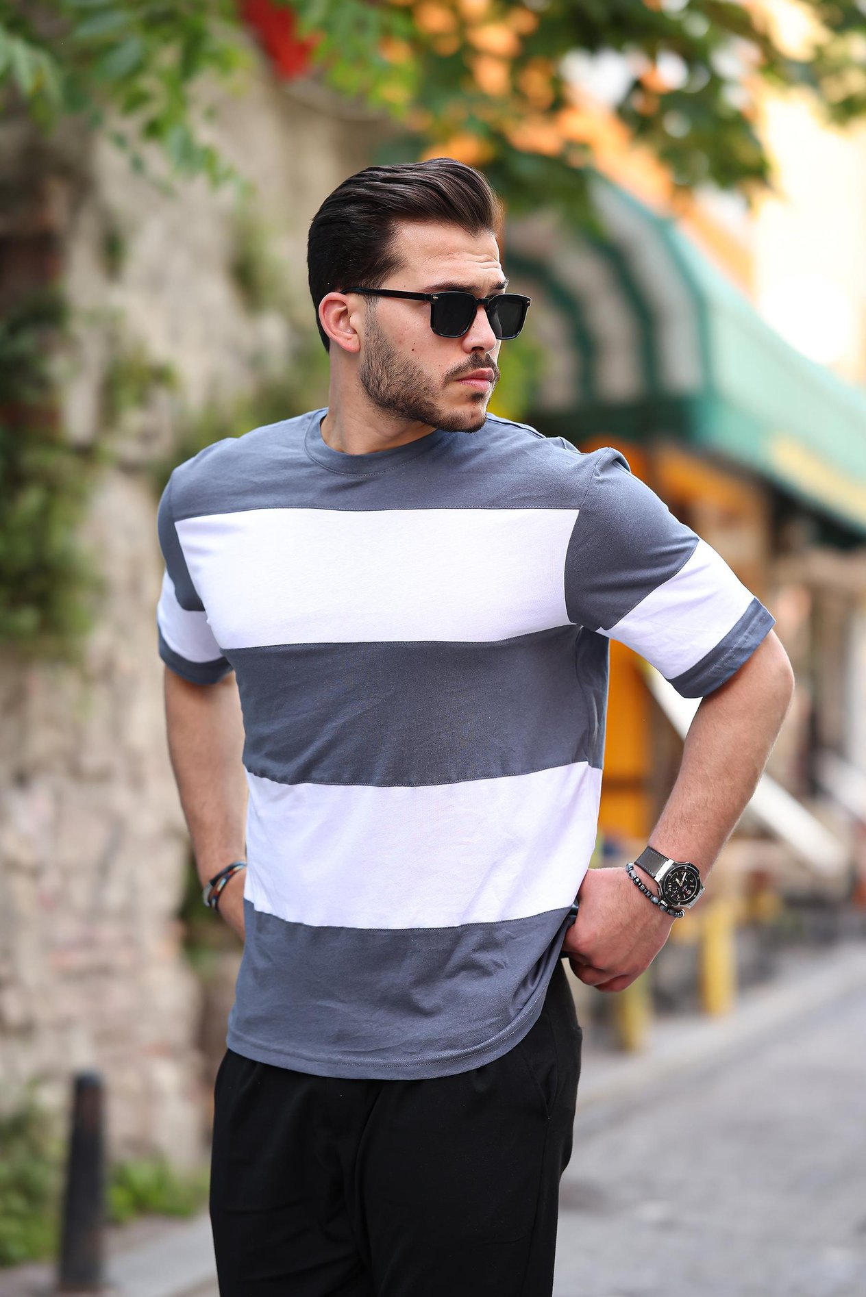 Miron İki Renk Kısa Kollu Tişört Oversize- Füme-Beyaz- 2421