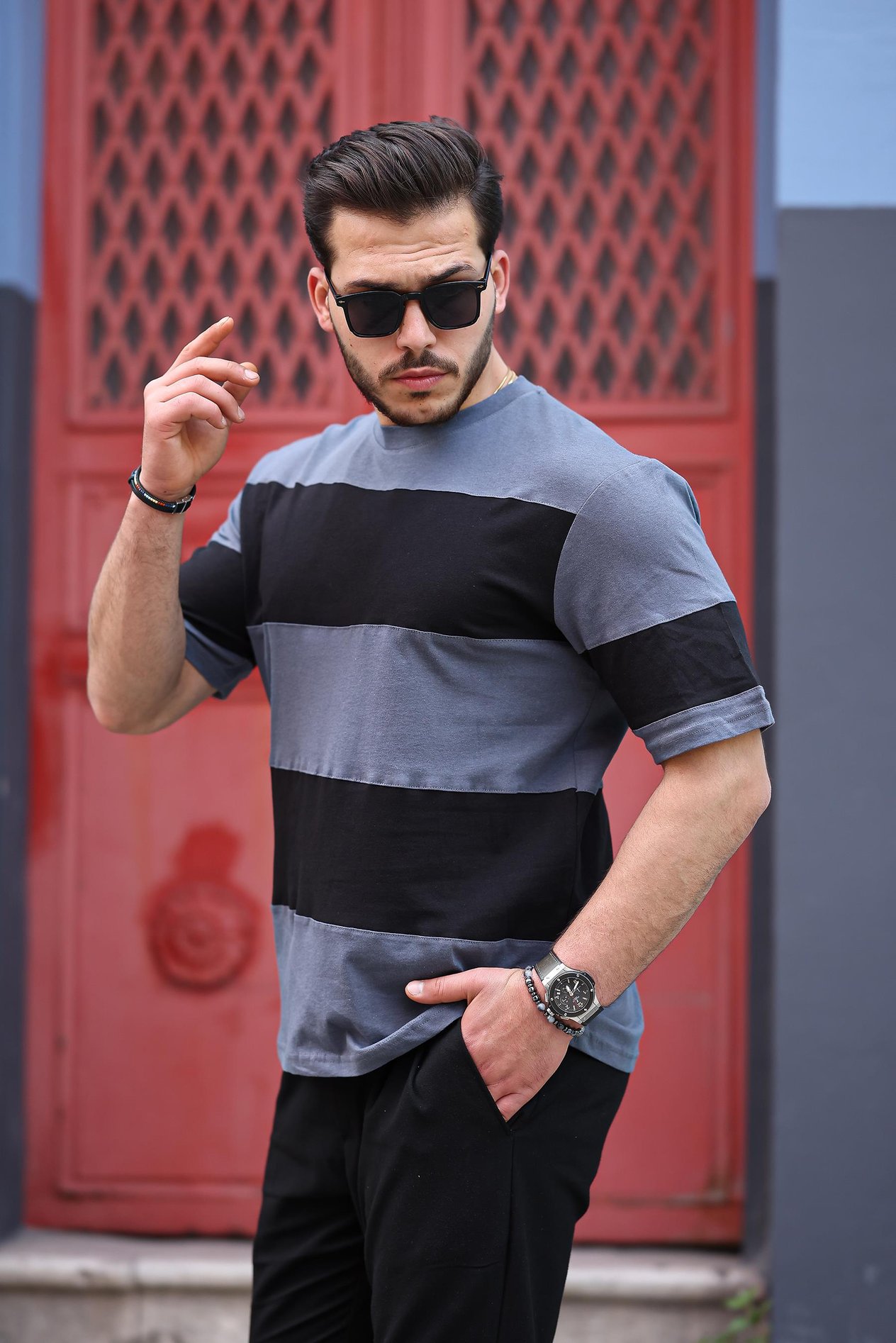 Miron İki Renk Kısa Kollu Tişört Oversize-Siyah-Füme- 2421