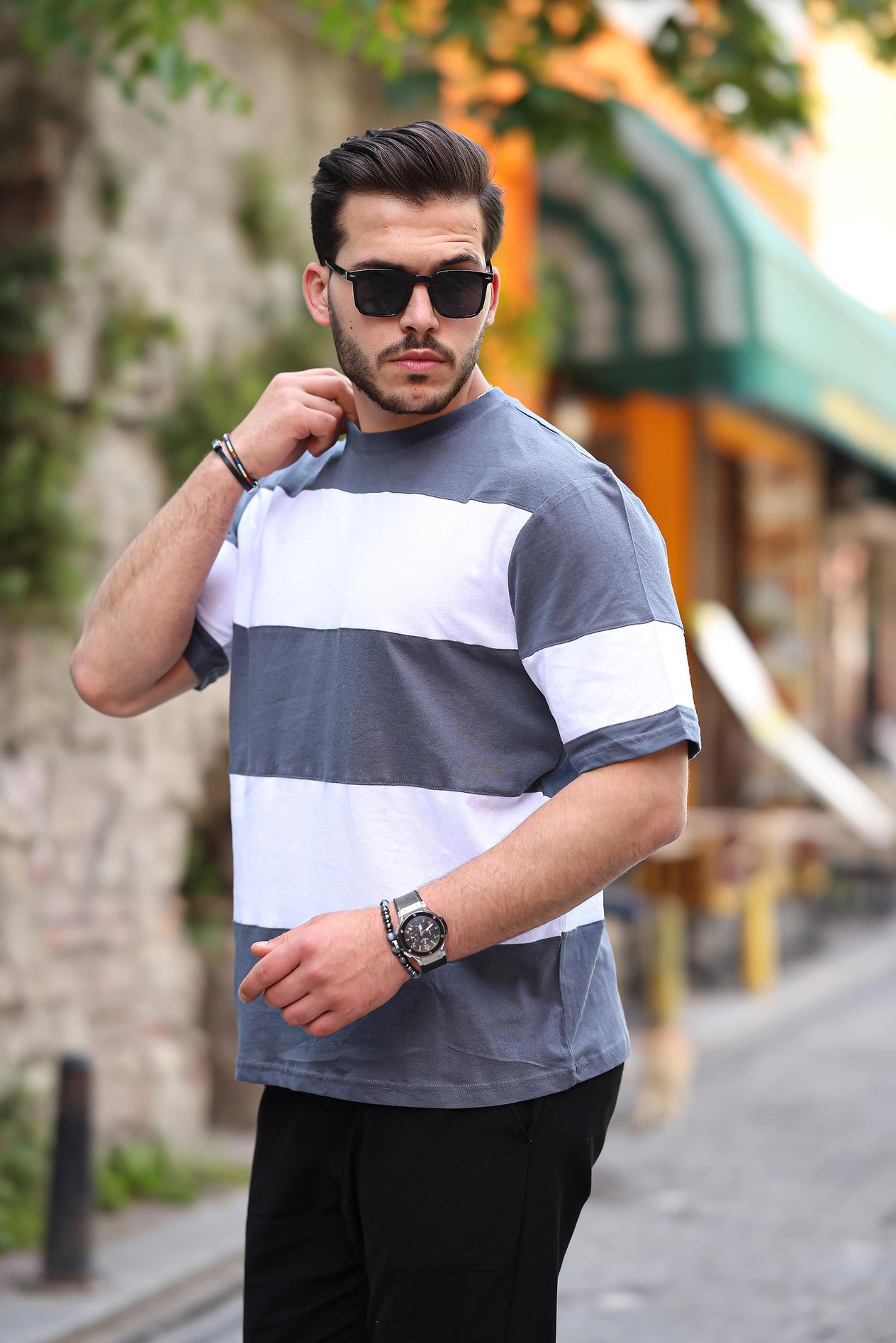 Miron İki Renk Kısa Kollu Tişört Oversize- Füme-Beyaz- 2421