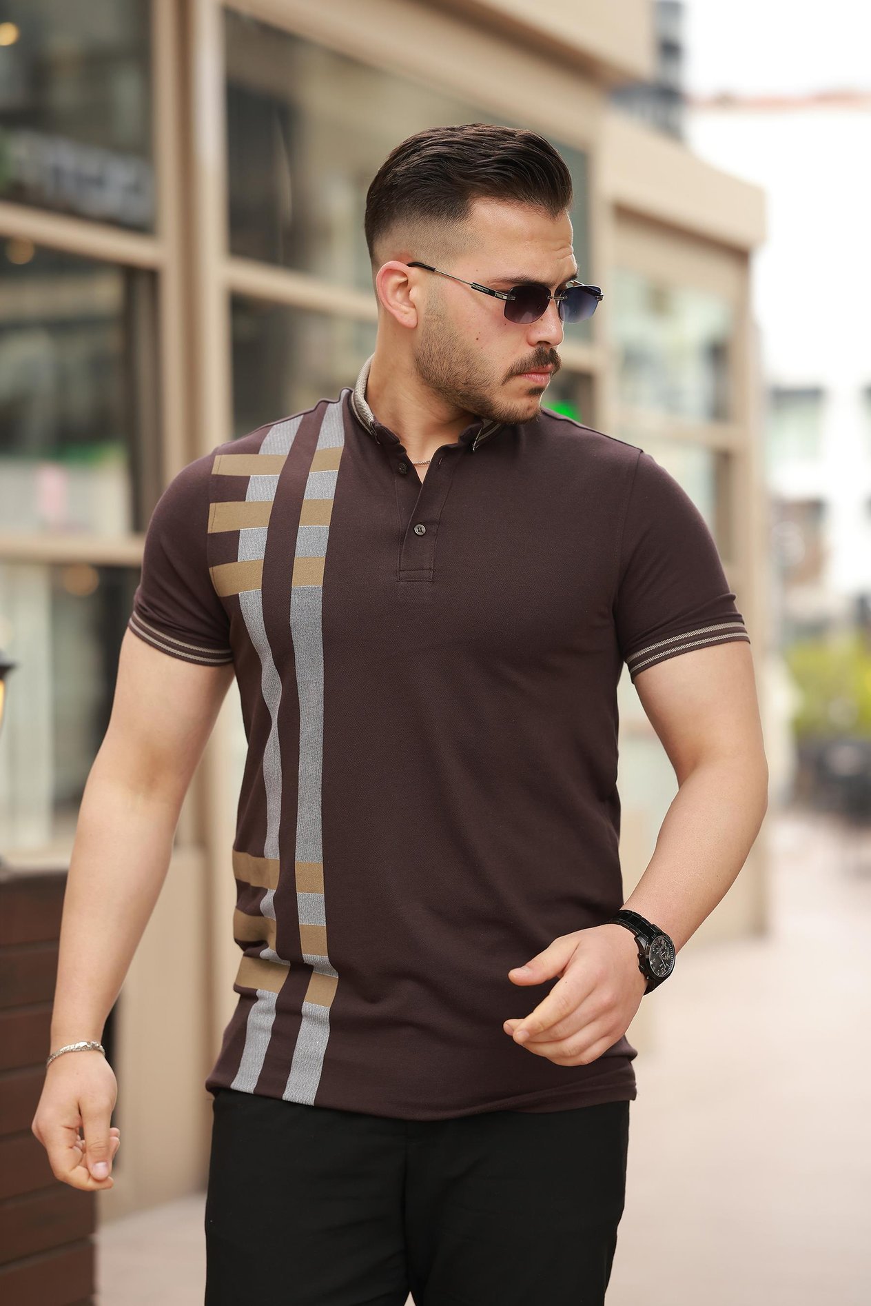 Miron Kahverengi Baskı Detaylı Polo Yaka Kısa Kollu Tişört -2519