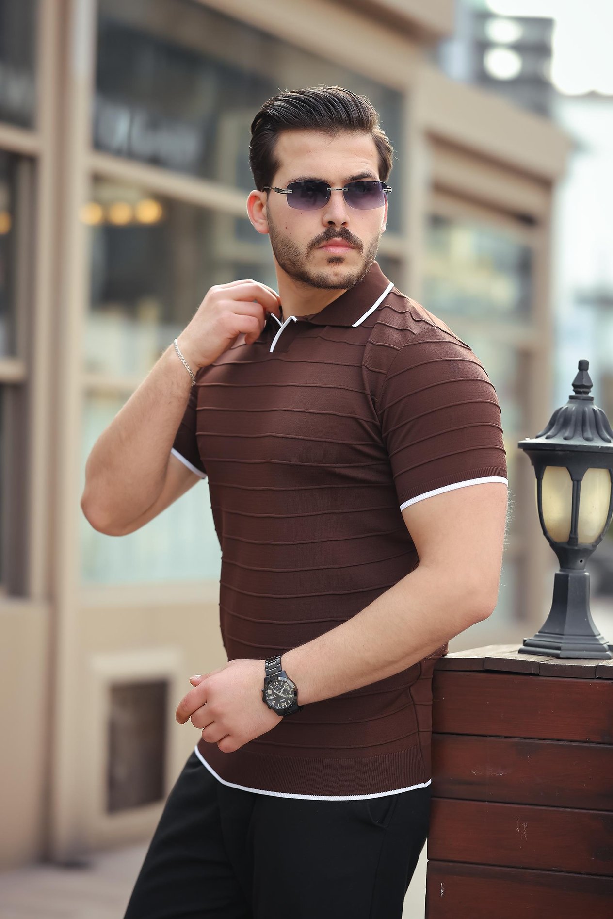 Miron Kahverengi Kabartma Çizgi Polo Yaka Triko Tişört- 2403
