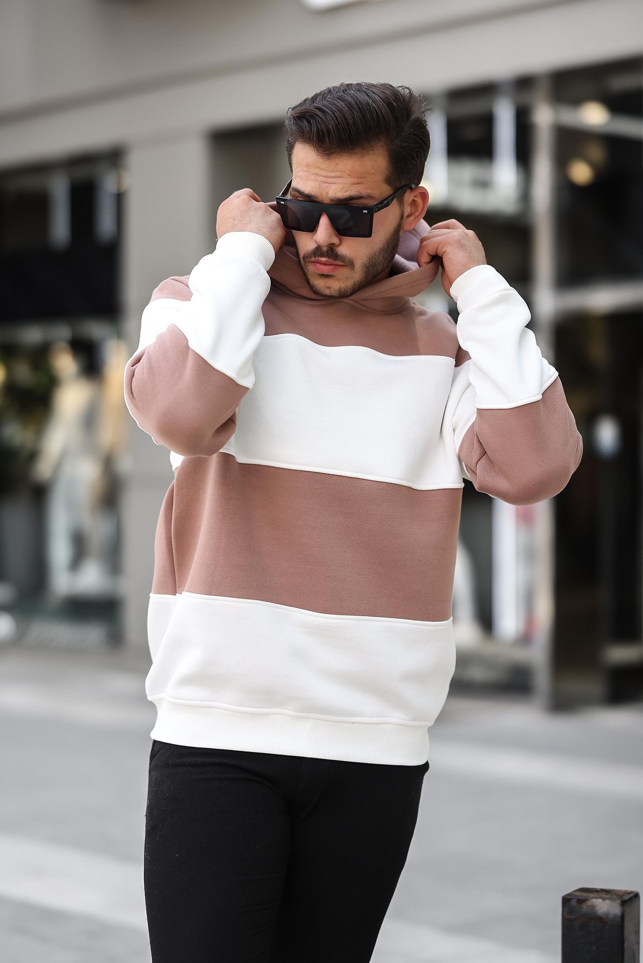 Miron Kamel Beyaz Blok Parçalı Overisize Kapşonlu Üç İplik Sweatshirt- 2316