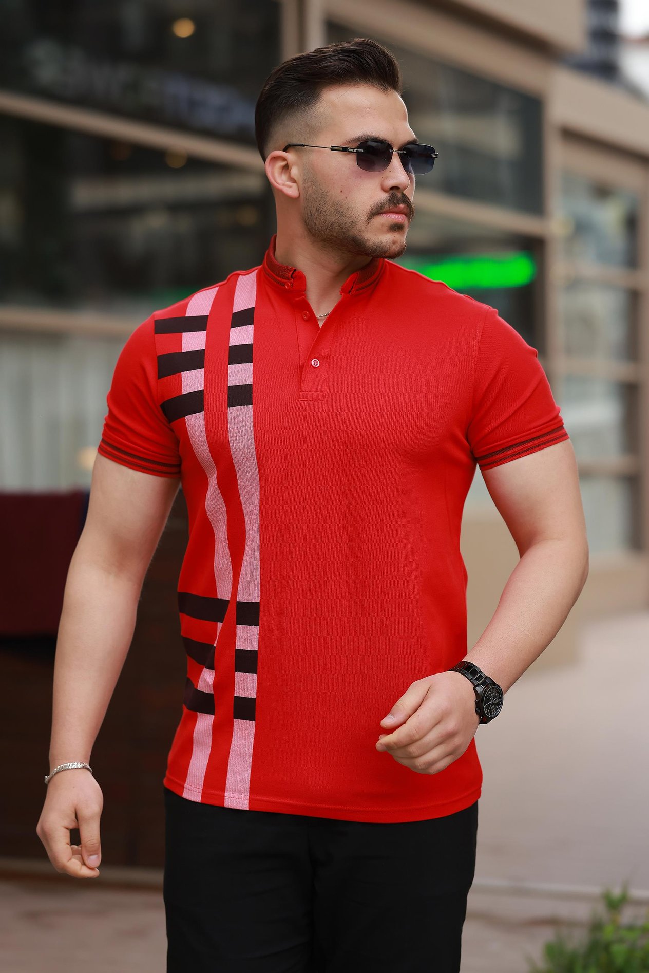 Miron Kırmızı Baskı Detaylı Polo Yaka Kısa Kollu Tişört -2519