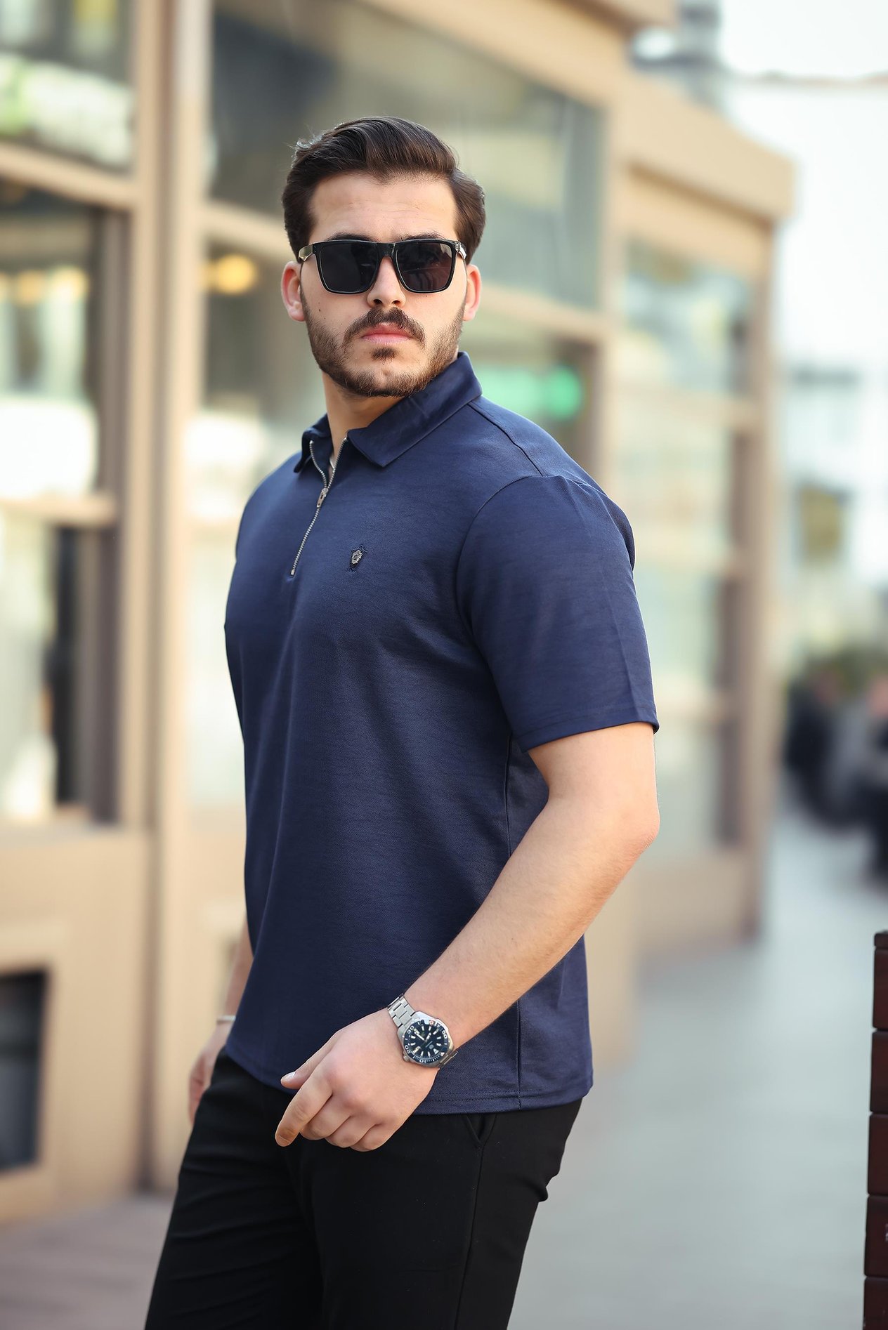 Miron Lacivert Basic Fermuar Detaylı Polo Yaka Kısa Kollu Tişört 2501
