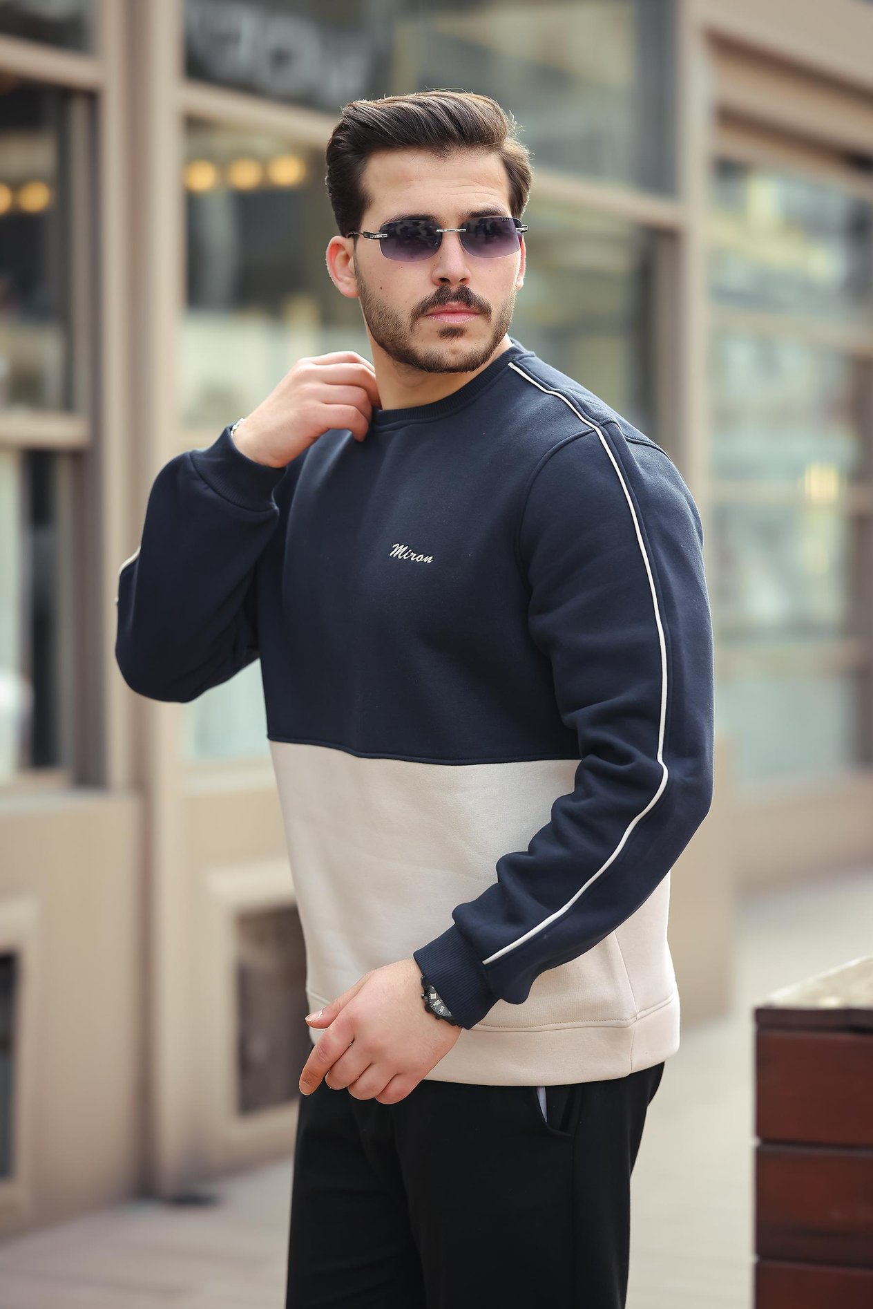 Miron Lacivert Bej Sıfır Yaka İki Renk Regular Fit Sweatshirt 2459