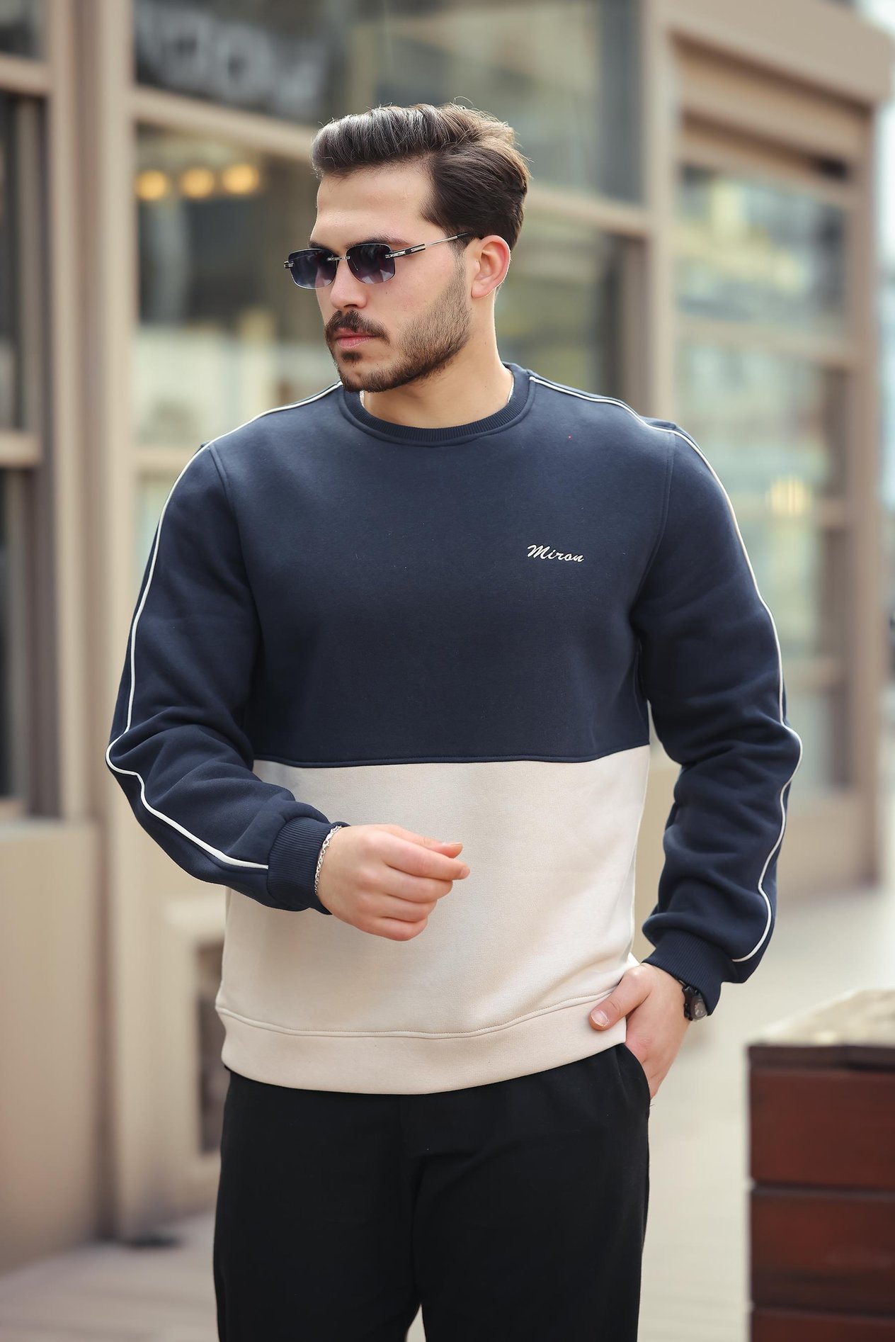 Miron Lacivert Bej Sıfır Yaka İki Renk Regular Fit Sweatshirt 2459