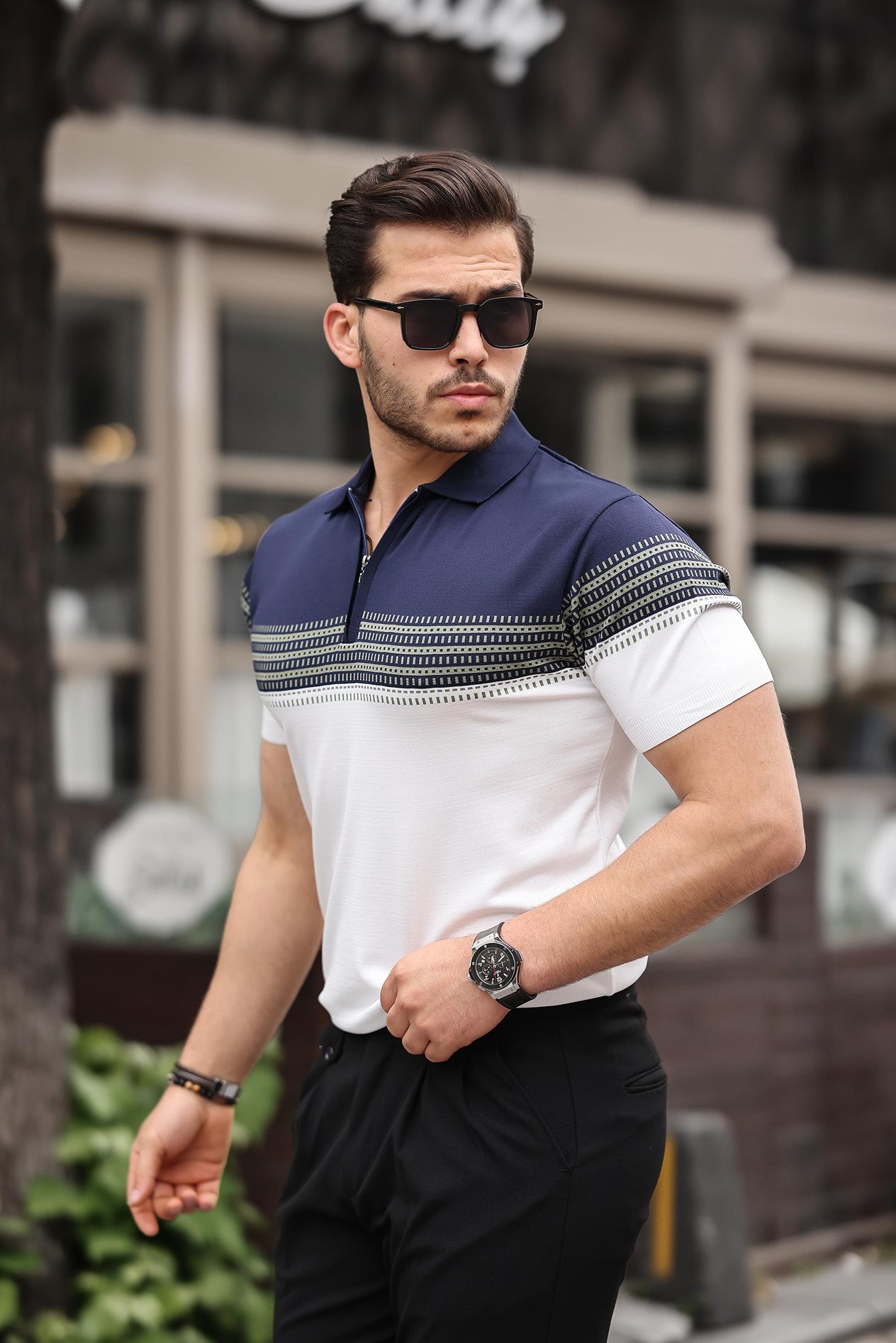 Miron Lacivert Beyaz Fermuarlı Triko Polo Yaka Tişört