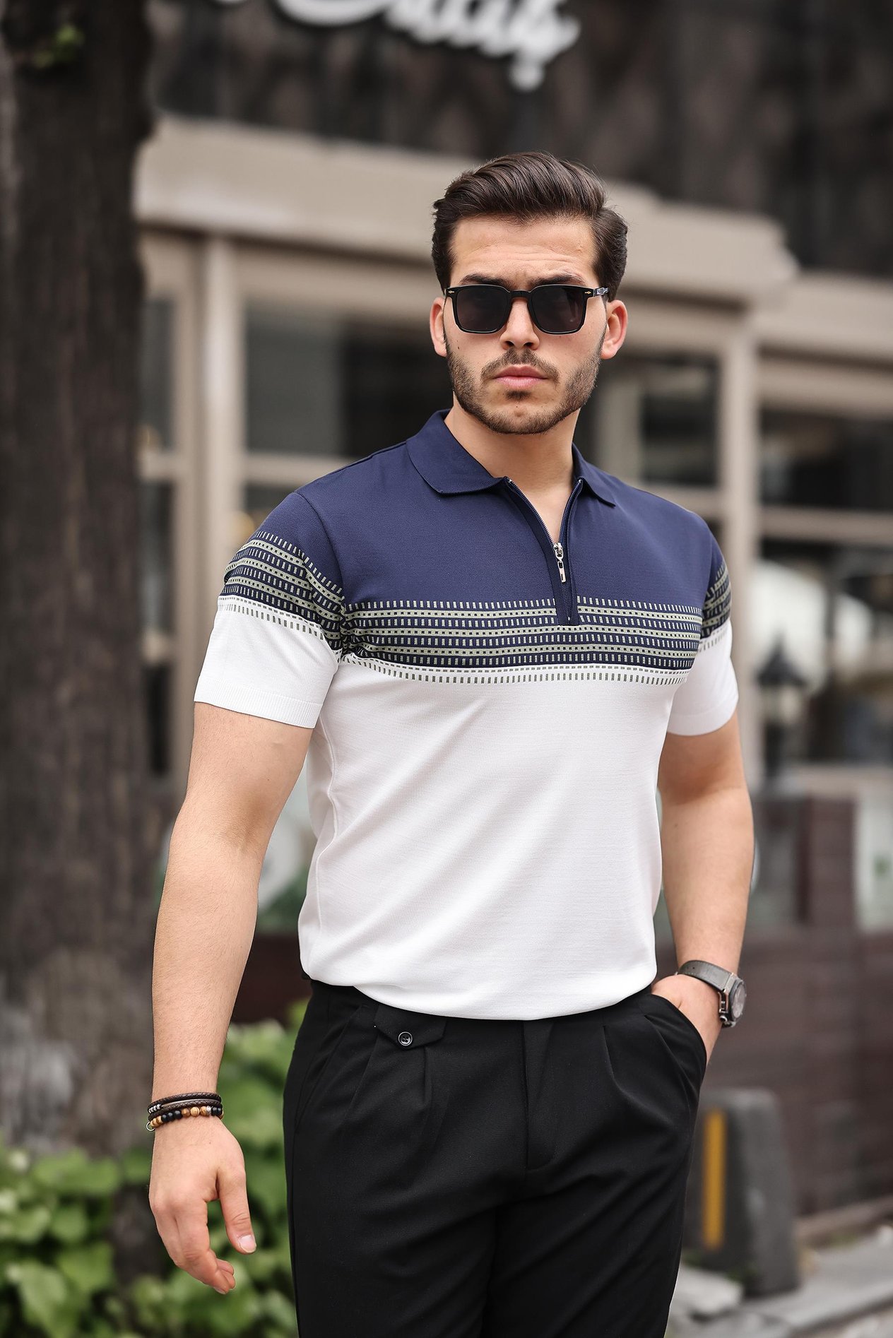 Miron Lacivert Beyaz Fermuarlı Triko Polo Yaka Tişört