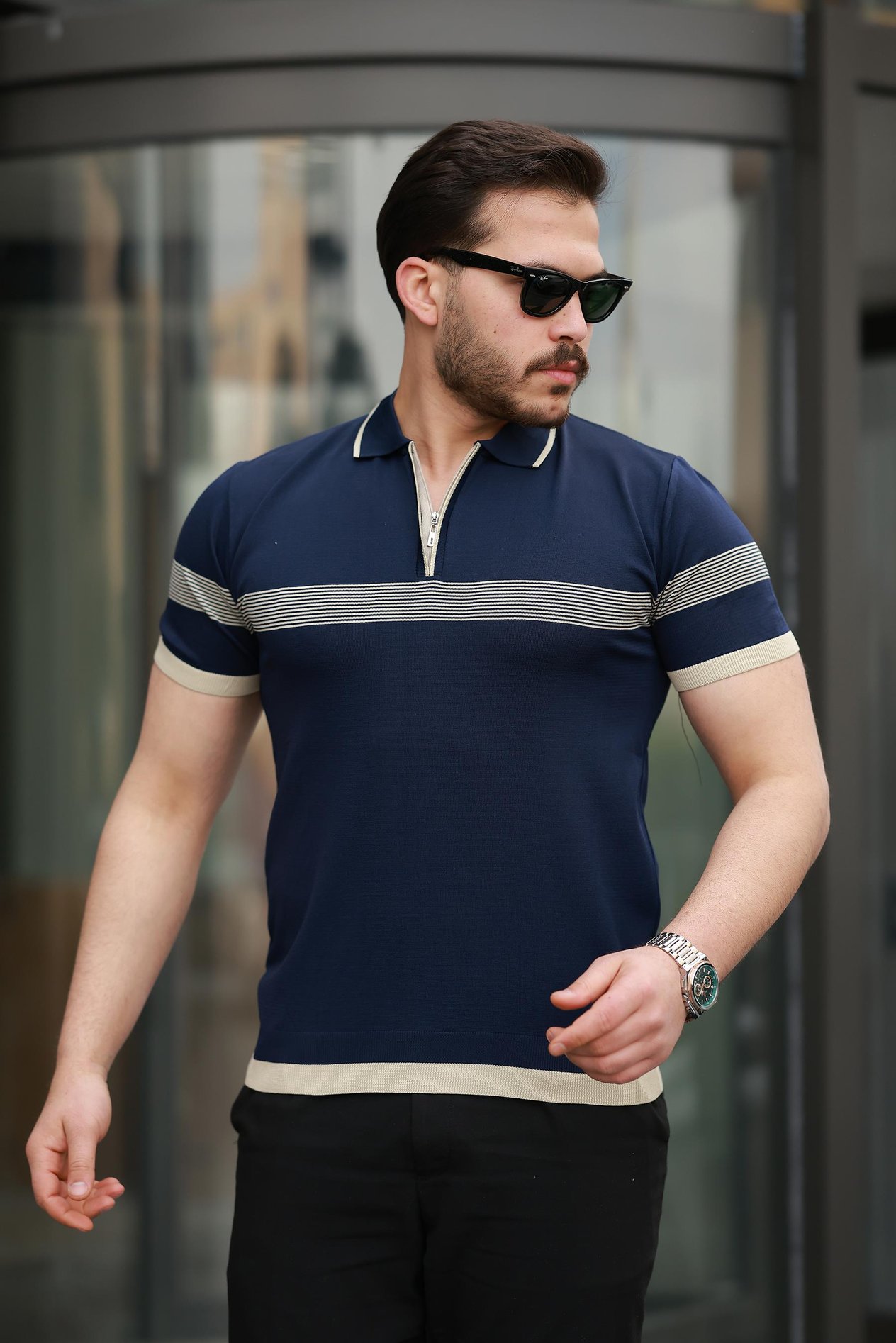 Miron Lacivert Çizgili ve Fermuar Detalı Polo Yaka Triko Kısa Kollu Tişört 2512 