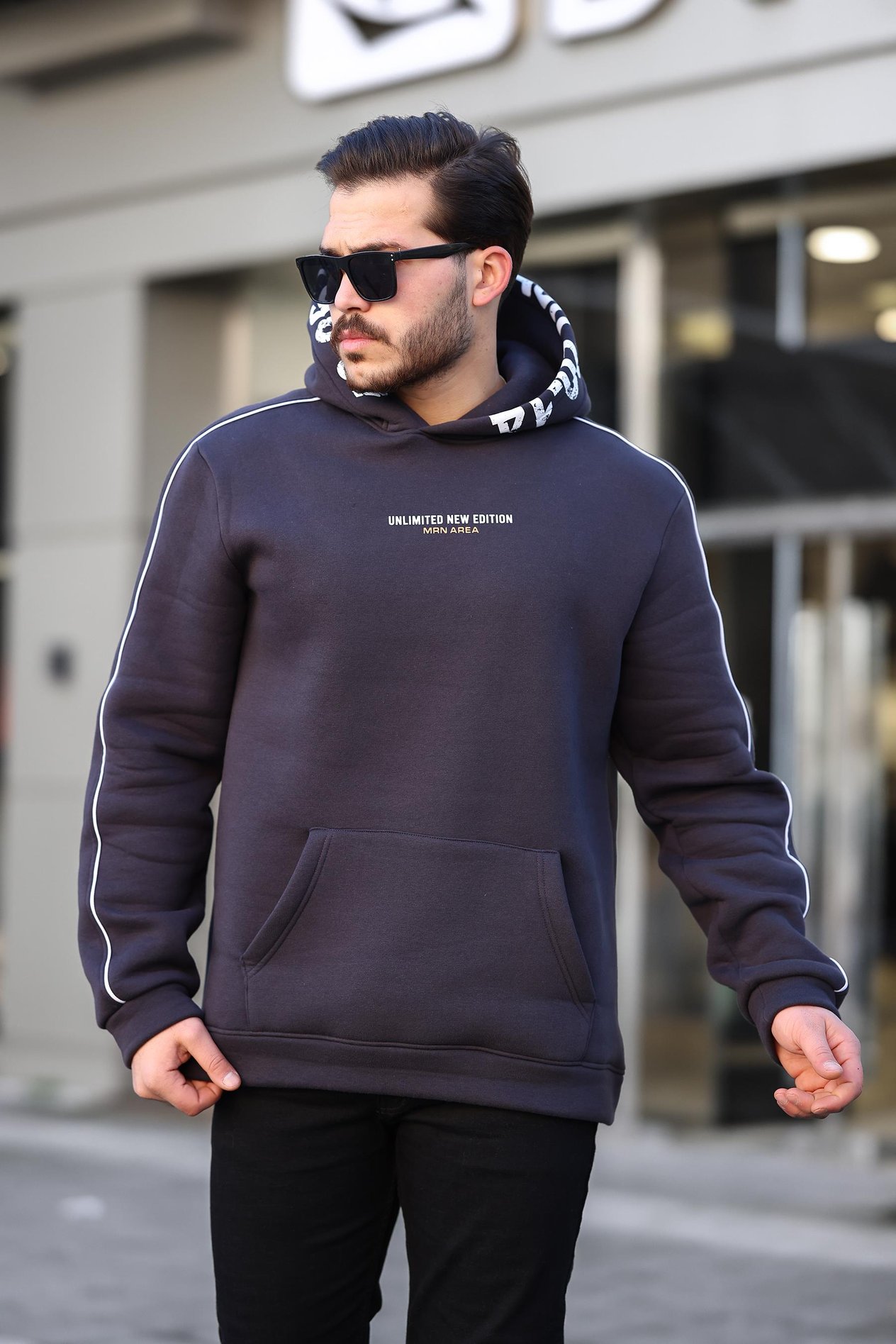 Miron Lacivert Kapüşon Baskılı Üç İplik Oversize Sweatshirt- 2440