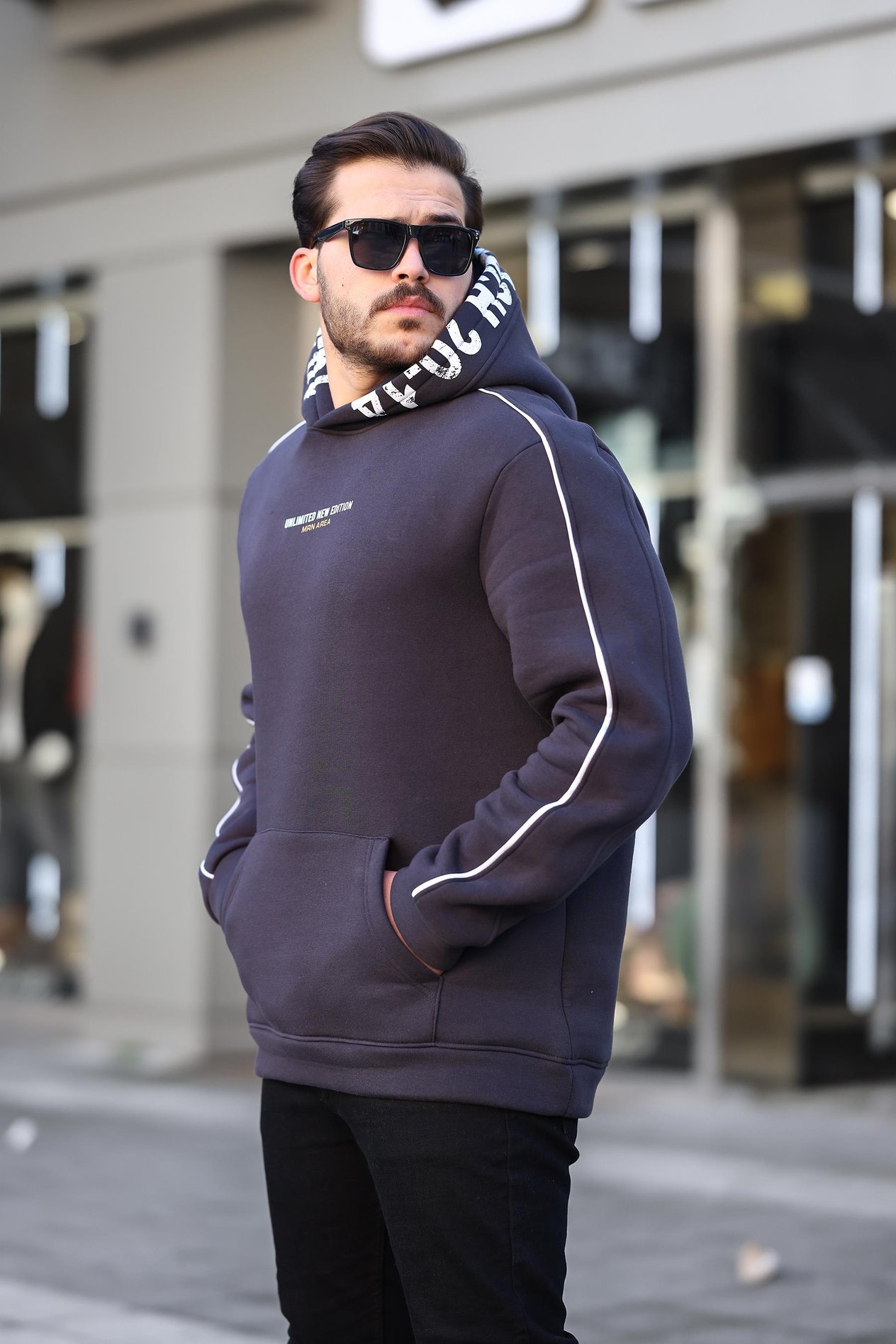 Miron Lacivert Kapüşon Baskılı Üç İplik Oversize Sweatshirt- 2440