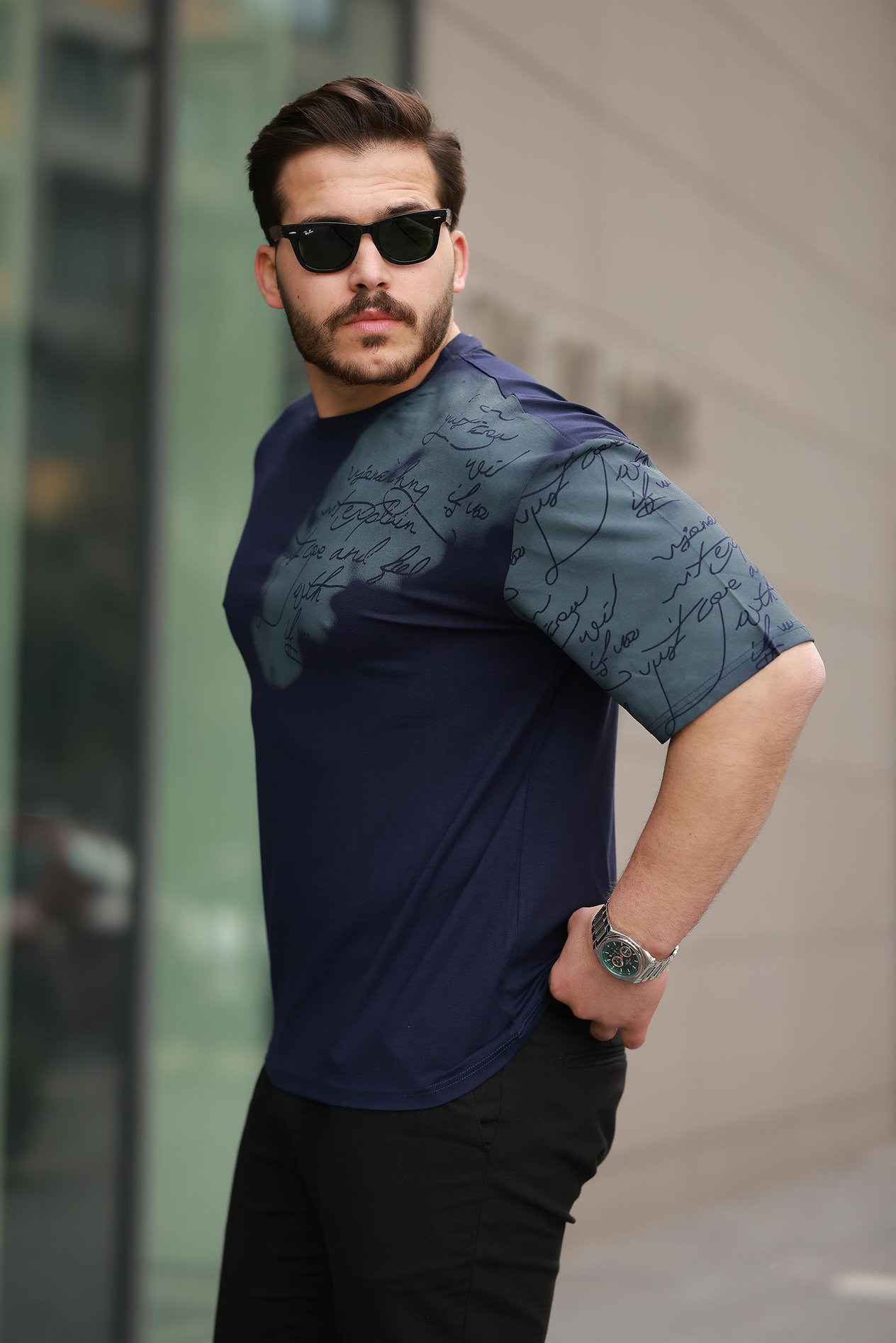 Miron Lacivert Kol Baskı Detaylı Sıfır Yaka Oversize Kısa Kollu Tişört -2506