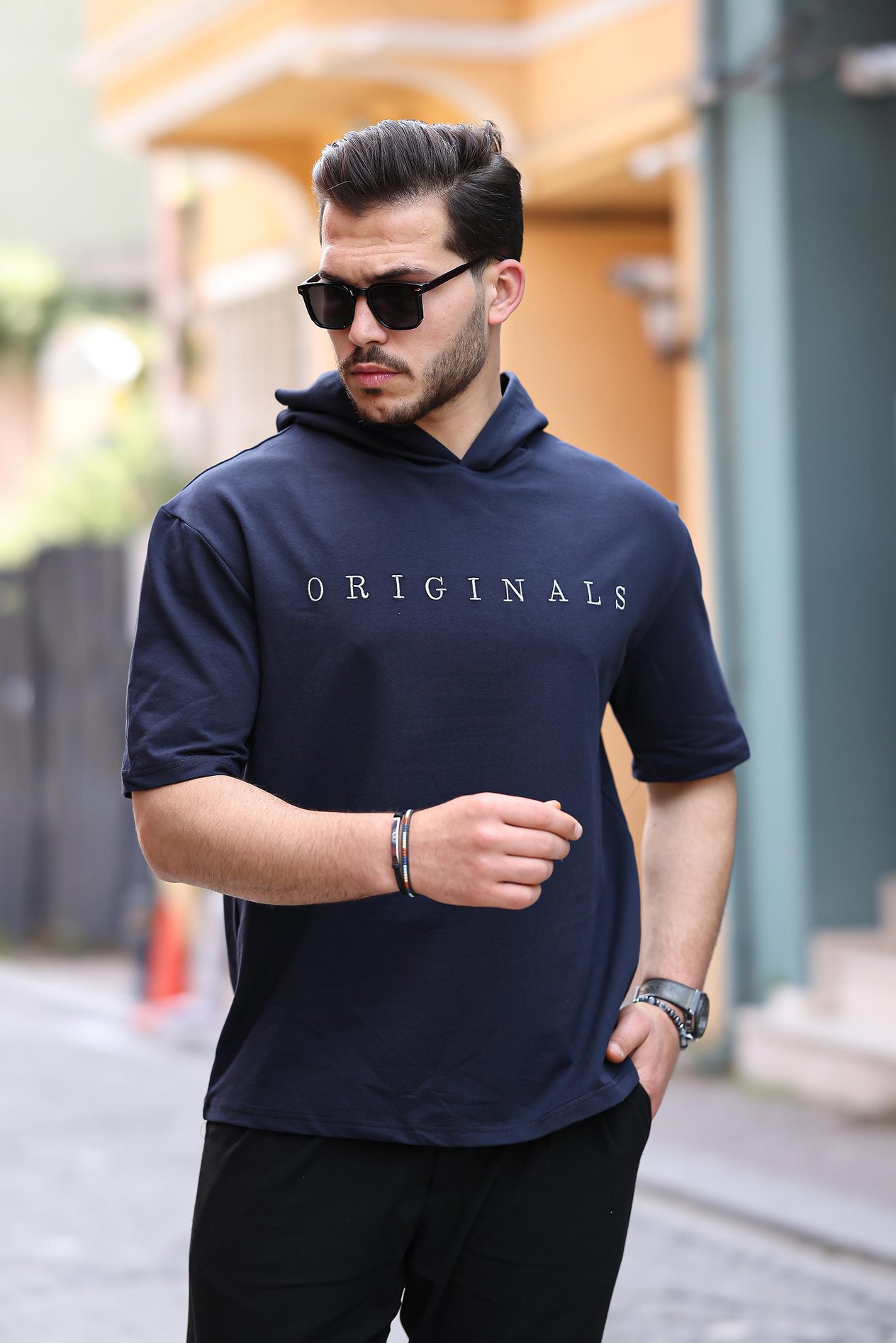 Miron Lacivert Originals Nakışlı Kapşonlu İki İplik Kısa Kollu Tişört- 2404