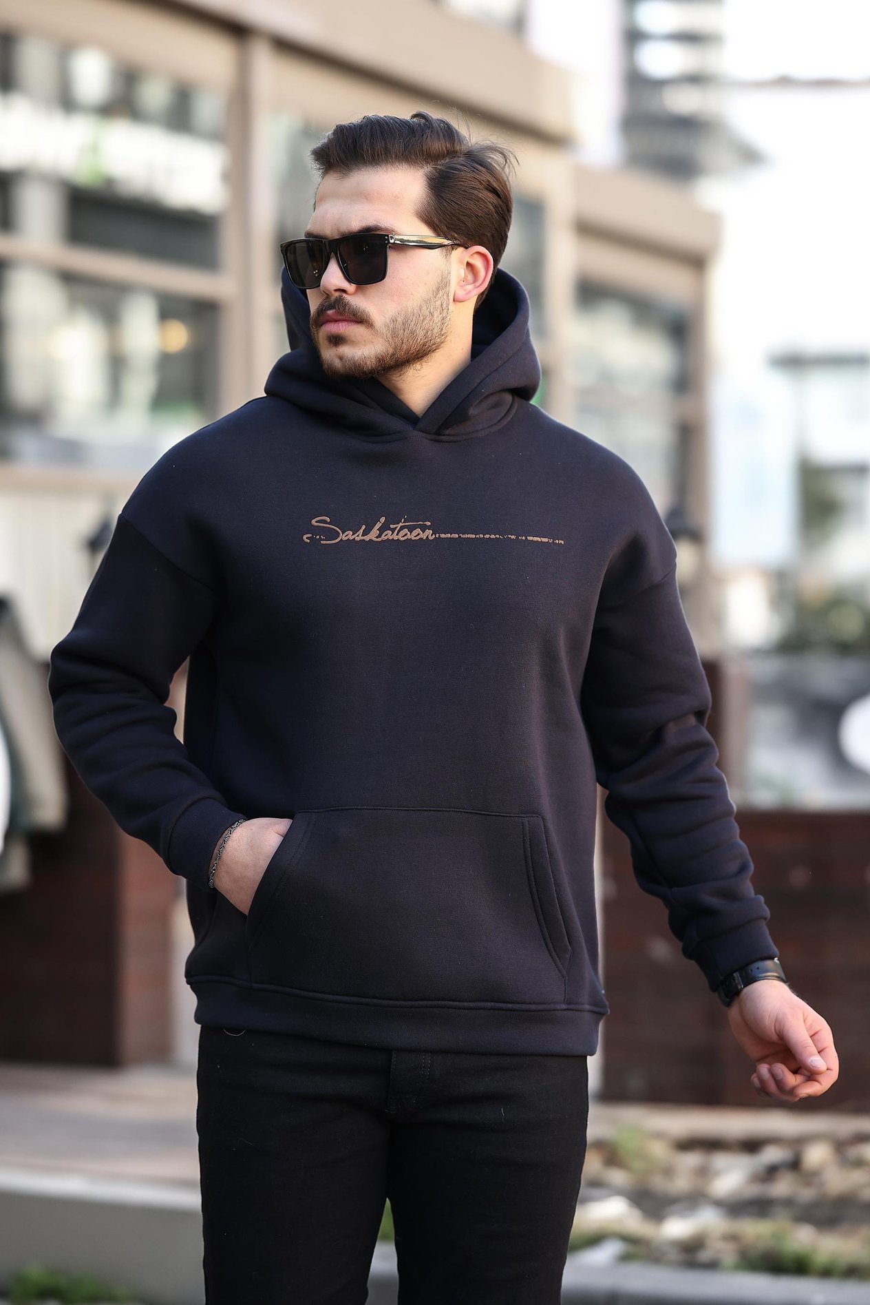 Miron Lacivert Sırt Şeritli Kapüşonlu Üç İplik Oversize Sweatshirt-2437 
