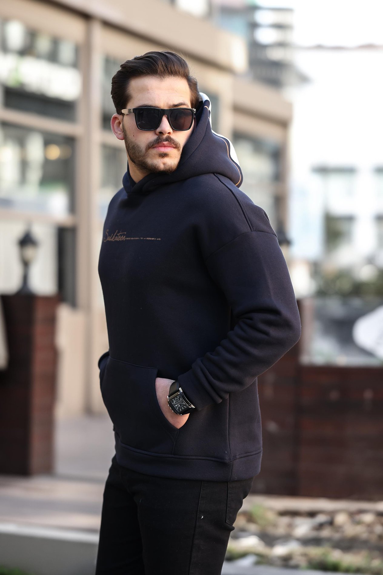 Miron Lacivert Sırt Şeritli Kapüşonlu Üç İplik Oversize Sweatshirt-2437 
