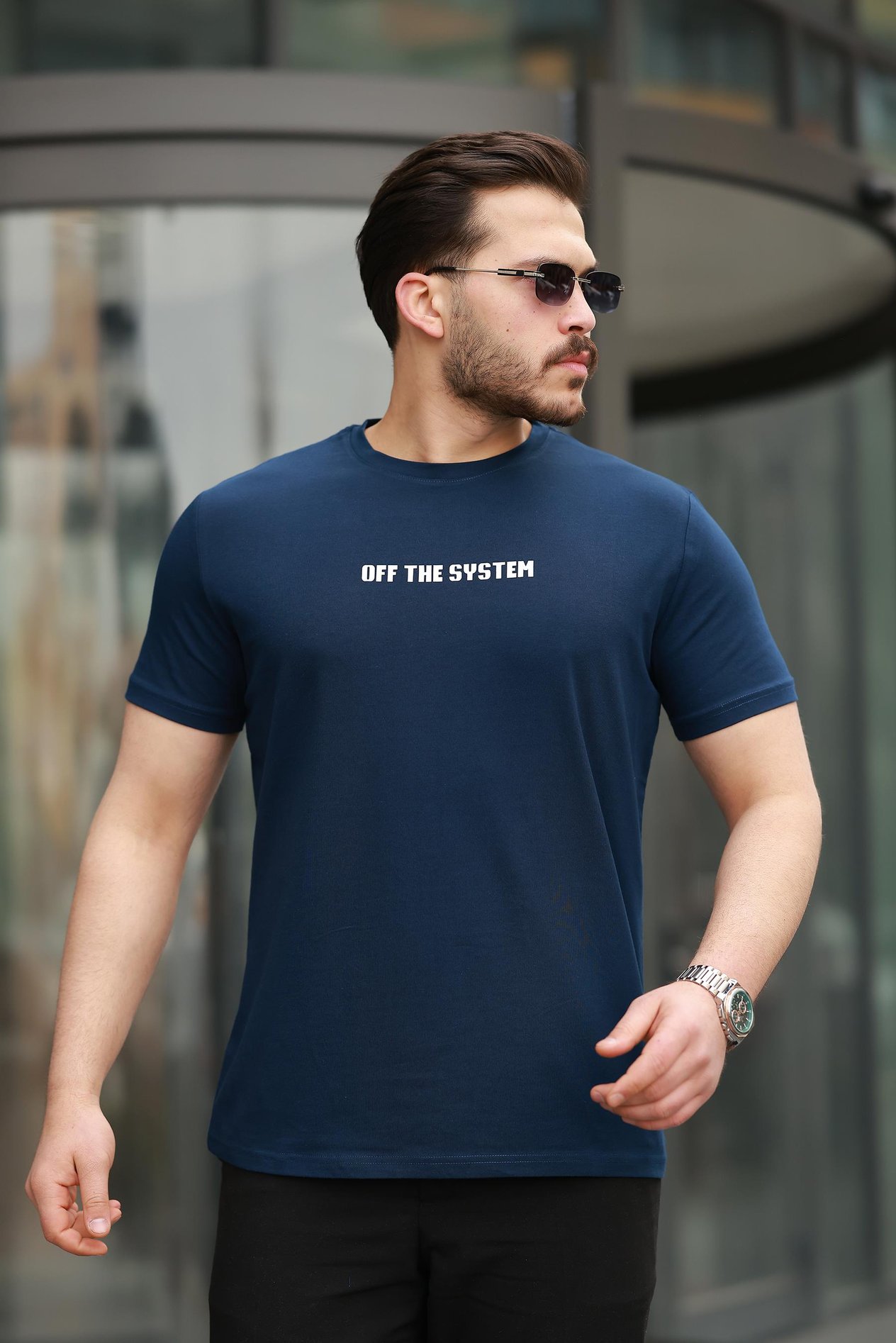 Miron Lacivert Sırtı Baskı Detaylı Sıfır Yaka Oversize Kısa Kollu Tişört -2507