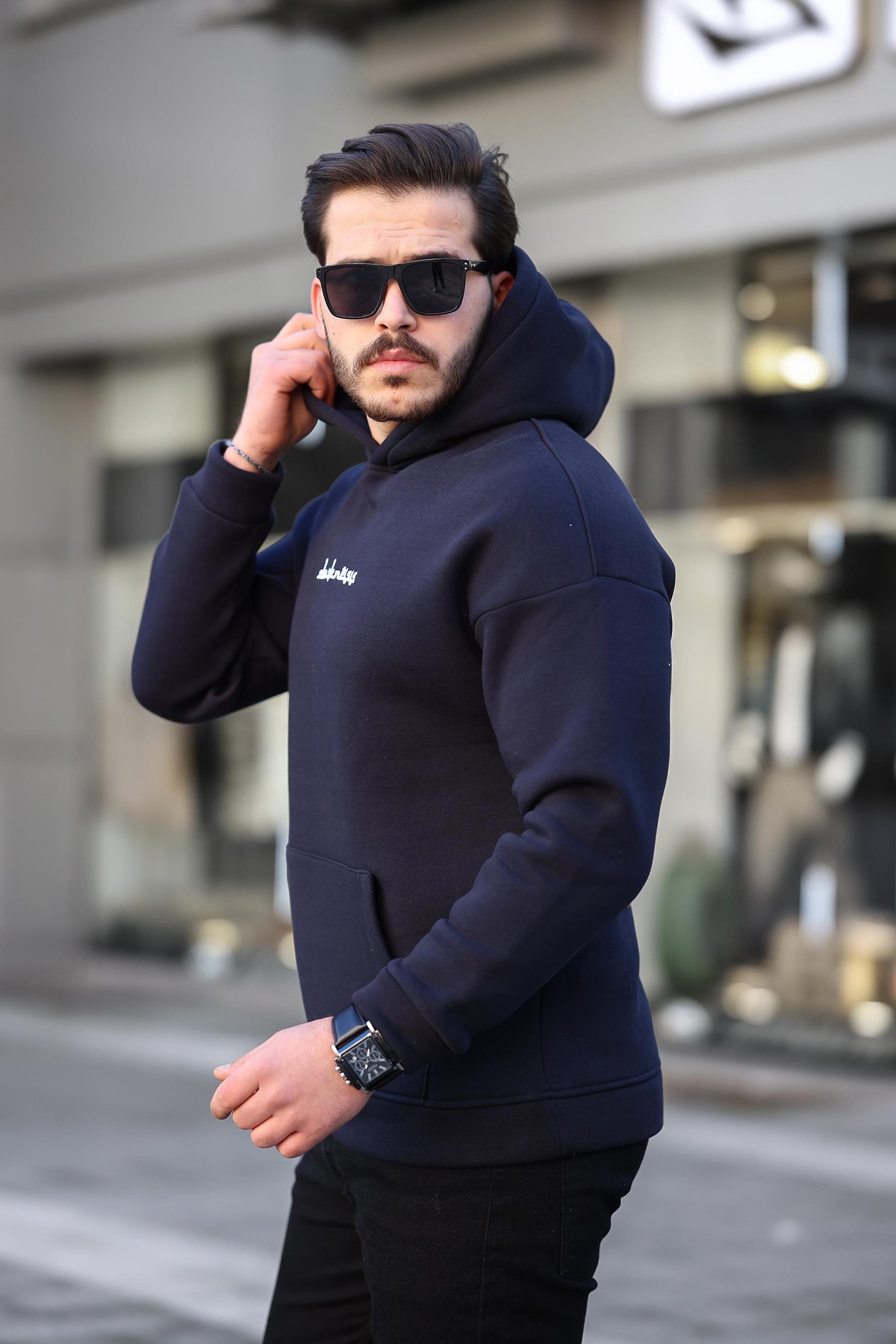 Miron Lacivert Sırtı Etnik Baskılı Kapüşonlu Üç İplik Oversize Sweatshirt-2438 