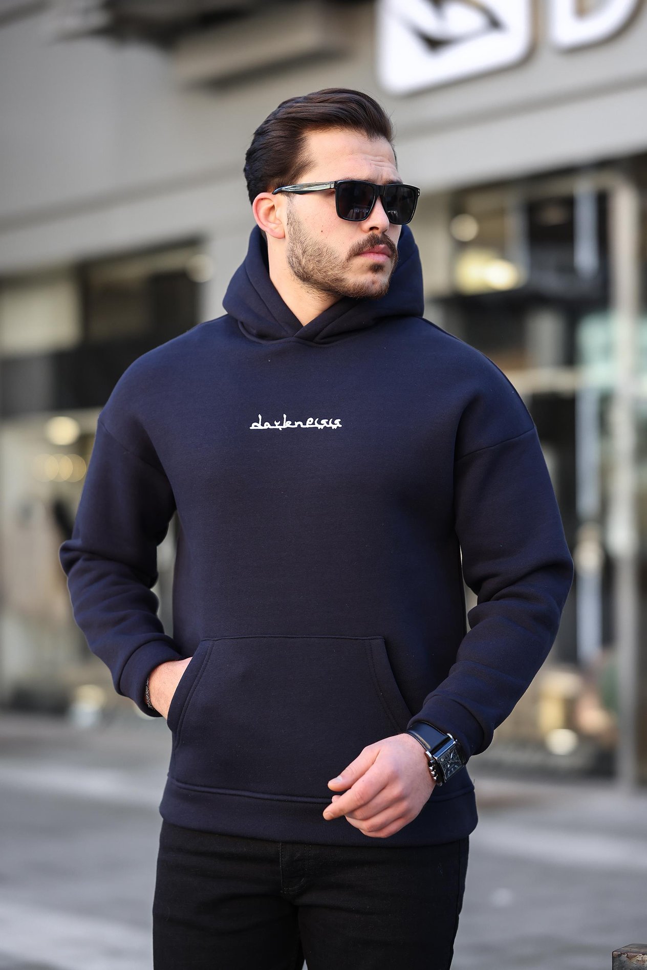 Miron Lacivert Sırtı Etnik Baskılı Kapüşonlu Üç İplik Oversize Sweatshirt-2438 