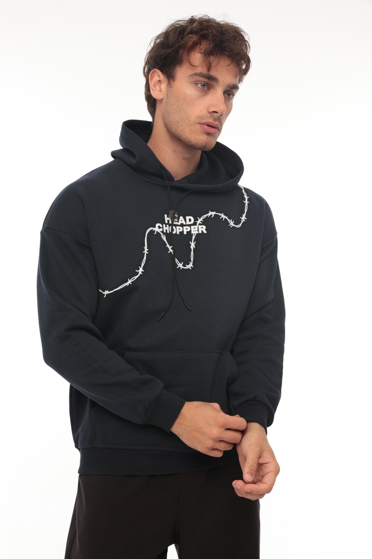 Miron Lacivert Üç İplik Head Chopper Nakışlı Oversize Kapşonlu Sweatshirt- 2319