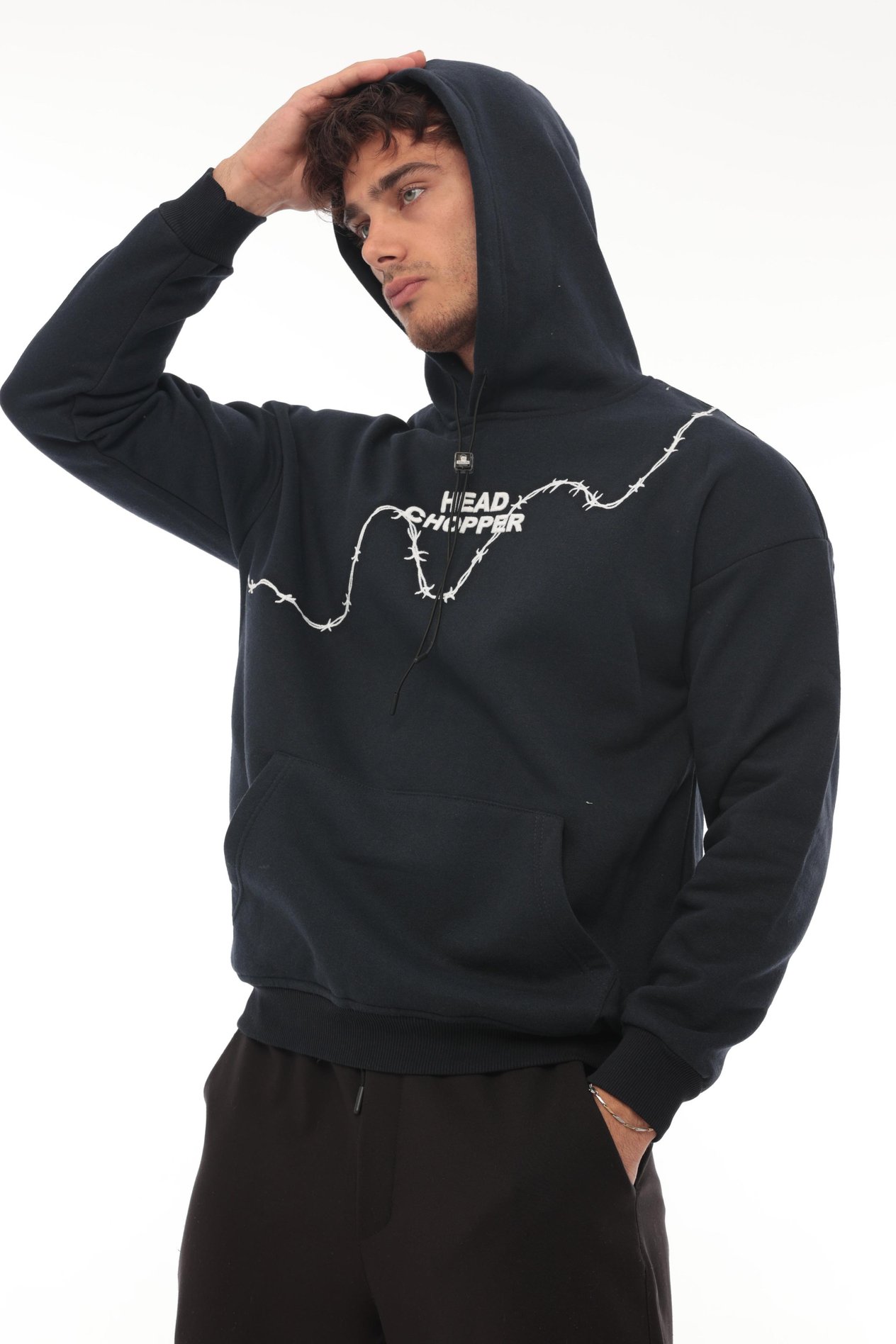 Miron Lacivert Üç İplik Head Chopper Nakışlı Oversize Kapşonlu Sweatshirt- 2319