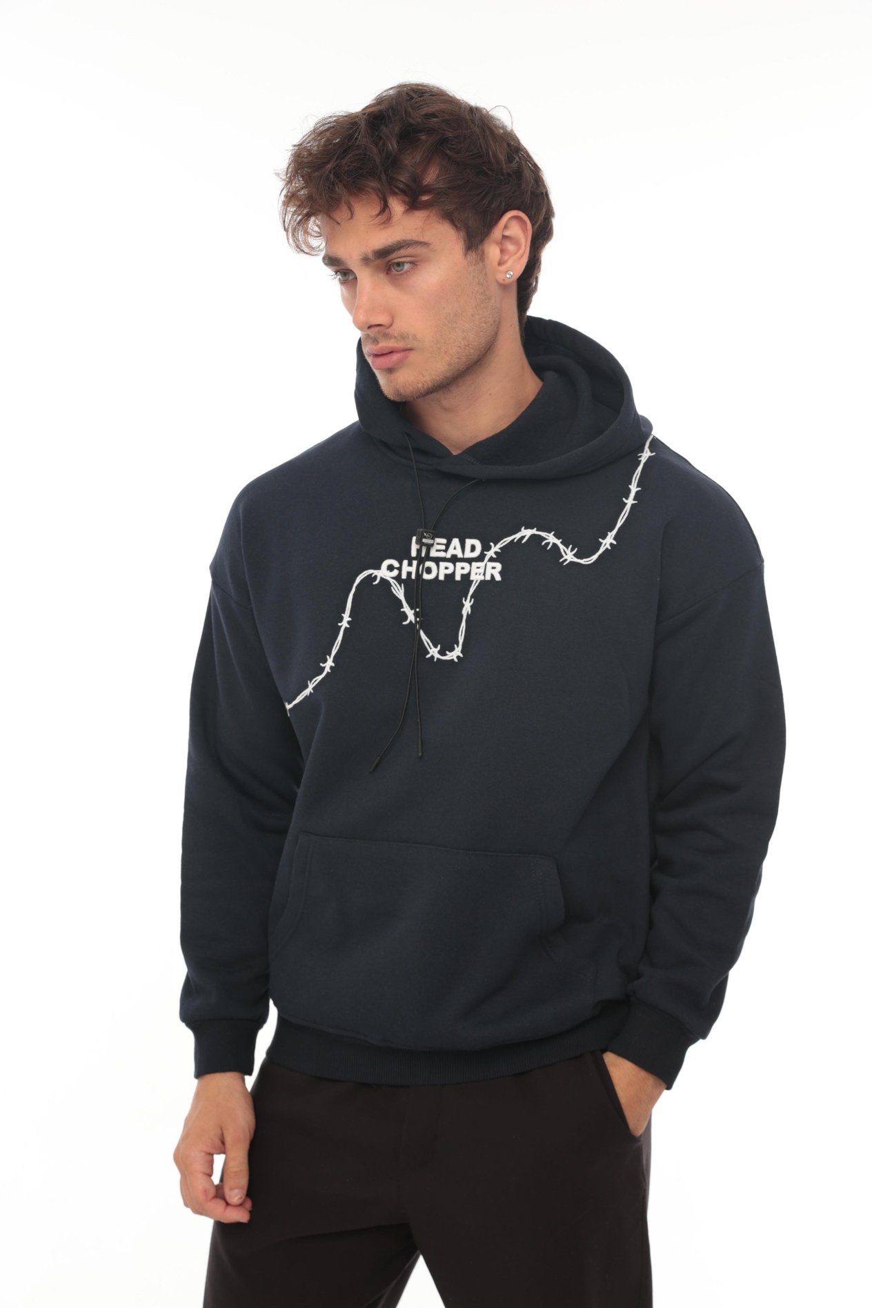 Miron Lacivert Üç İplik Head Chopper Nakışlı Oversize Kapşonlu Sweatshirt- 2319