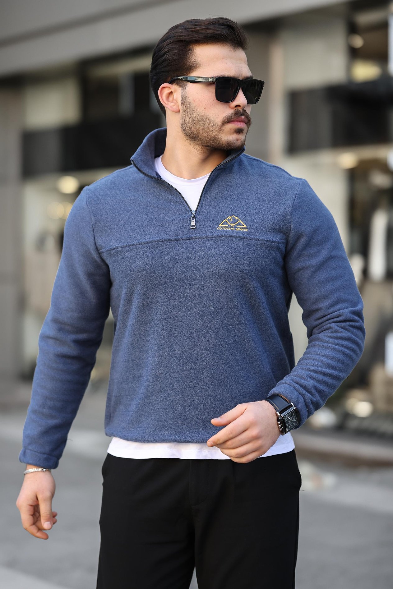 Miron Mavi Unisex Nakışlı Dik Yaka Yarım Fermuarlı Polar Sweatshirt- 2321