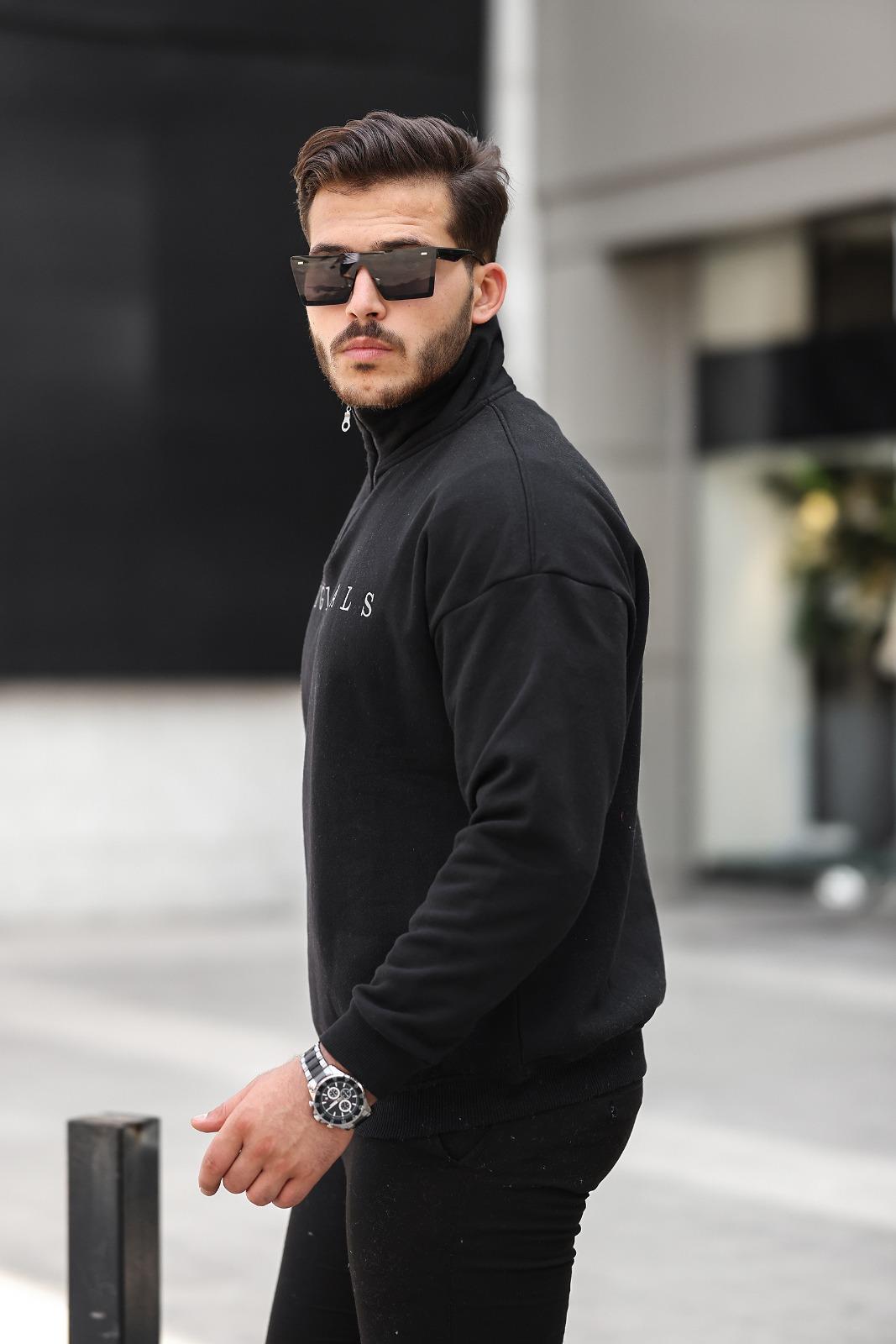 Miron Originals Nakış Detaylı Fermuarlı Oversize Sweatshirt-Siyah