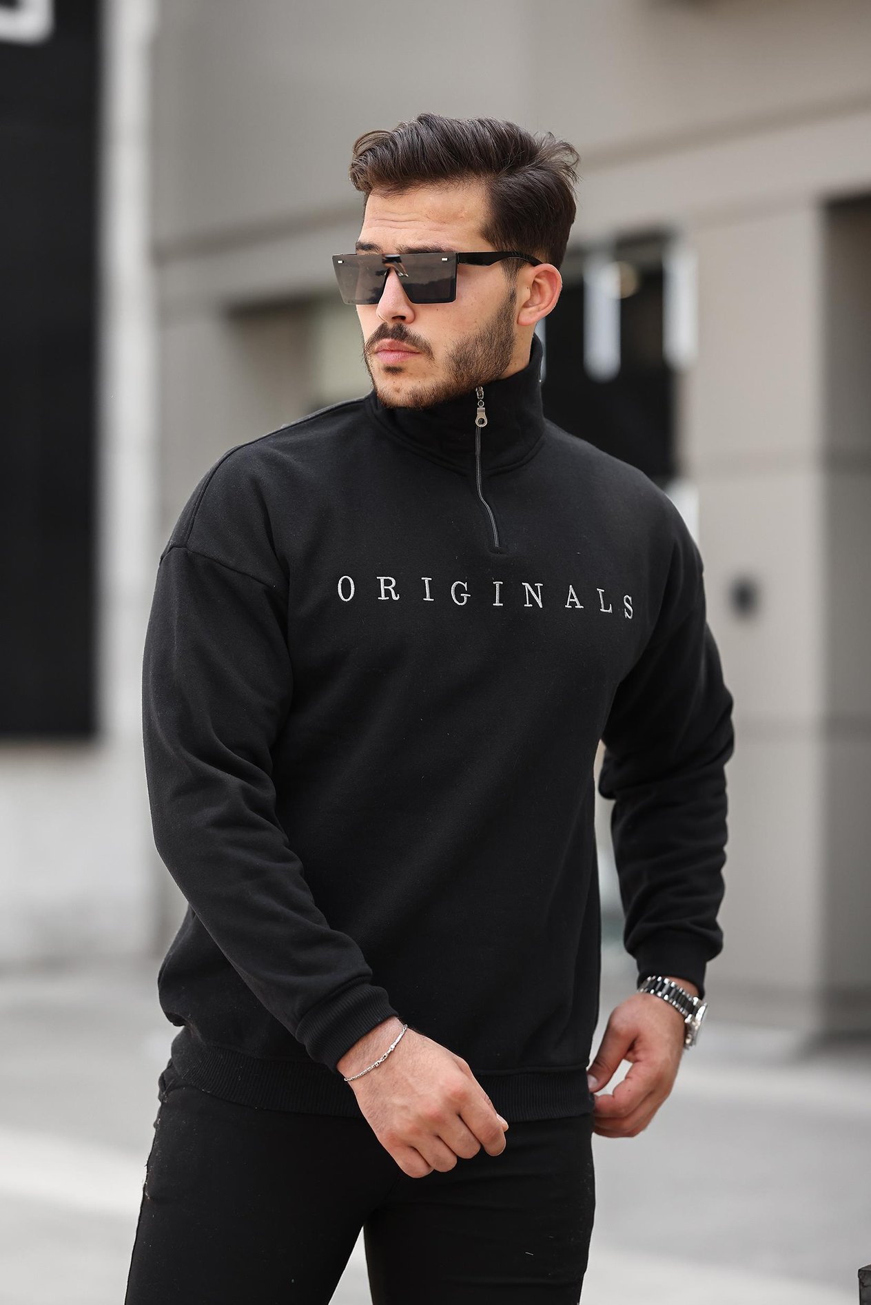 Miron Originals Nakış Detaylı Fermuarlı Oversize Sweatshirt-Siyah