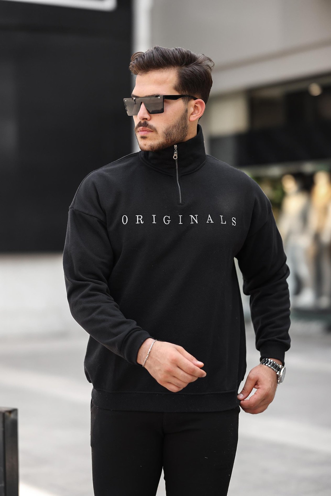 Miron Originals Nakış Detaylı Fermuarlı Oversize Sweatshirt-Siyah