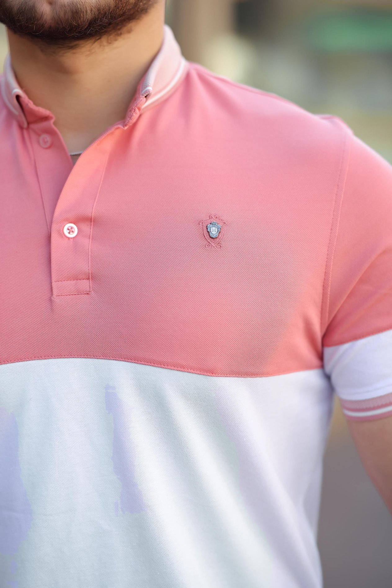 Miron Pembe Beyaz Kagi Ston Parçalı Polo Yaka Kısa Kollu Tişört- 2402
