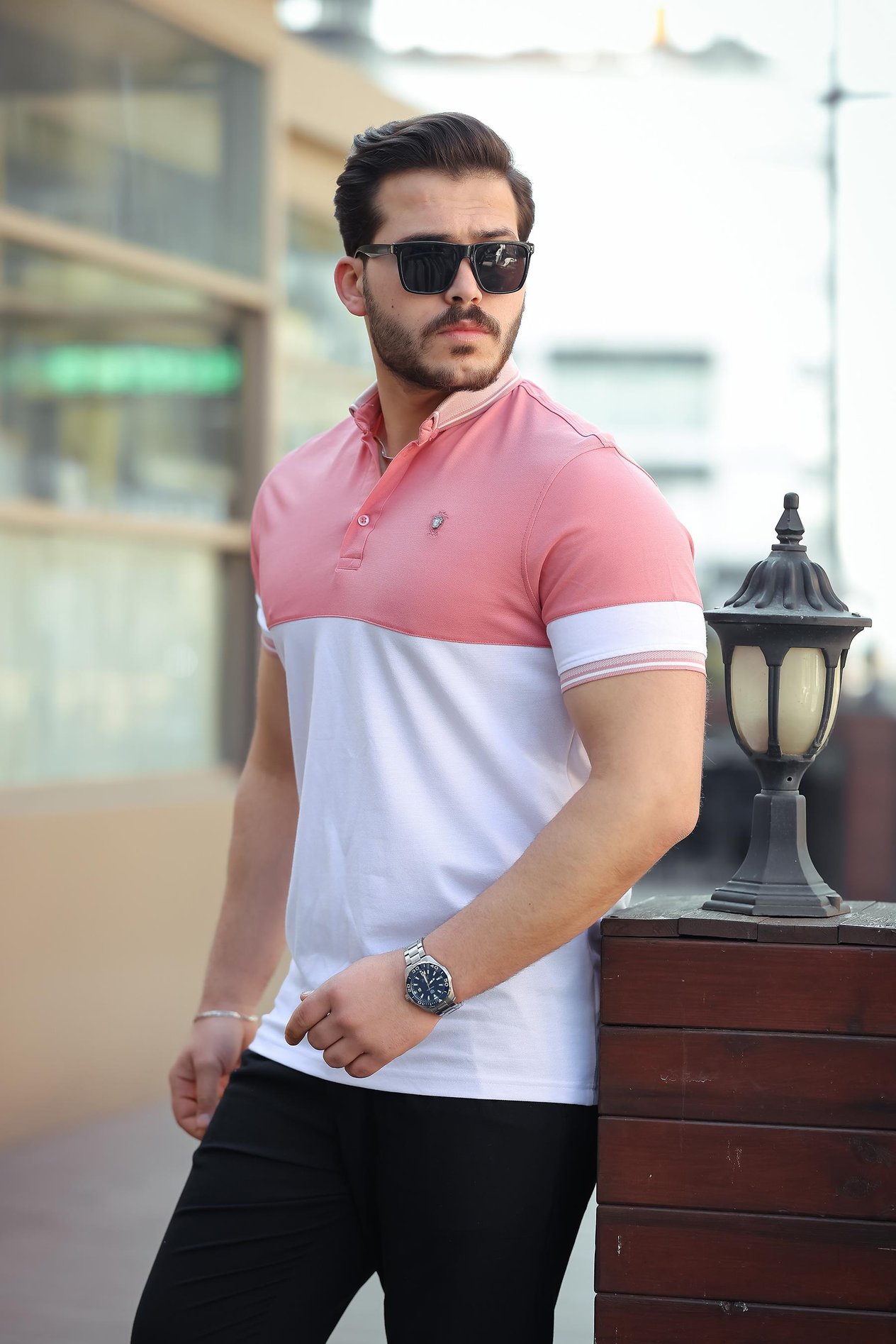 Miron Pembe Beyaz Kagi Ston Parçalı Polo Yaka Kısa Kollu Tişört- 2402