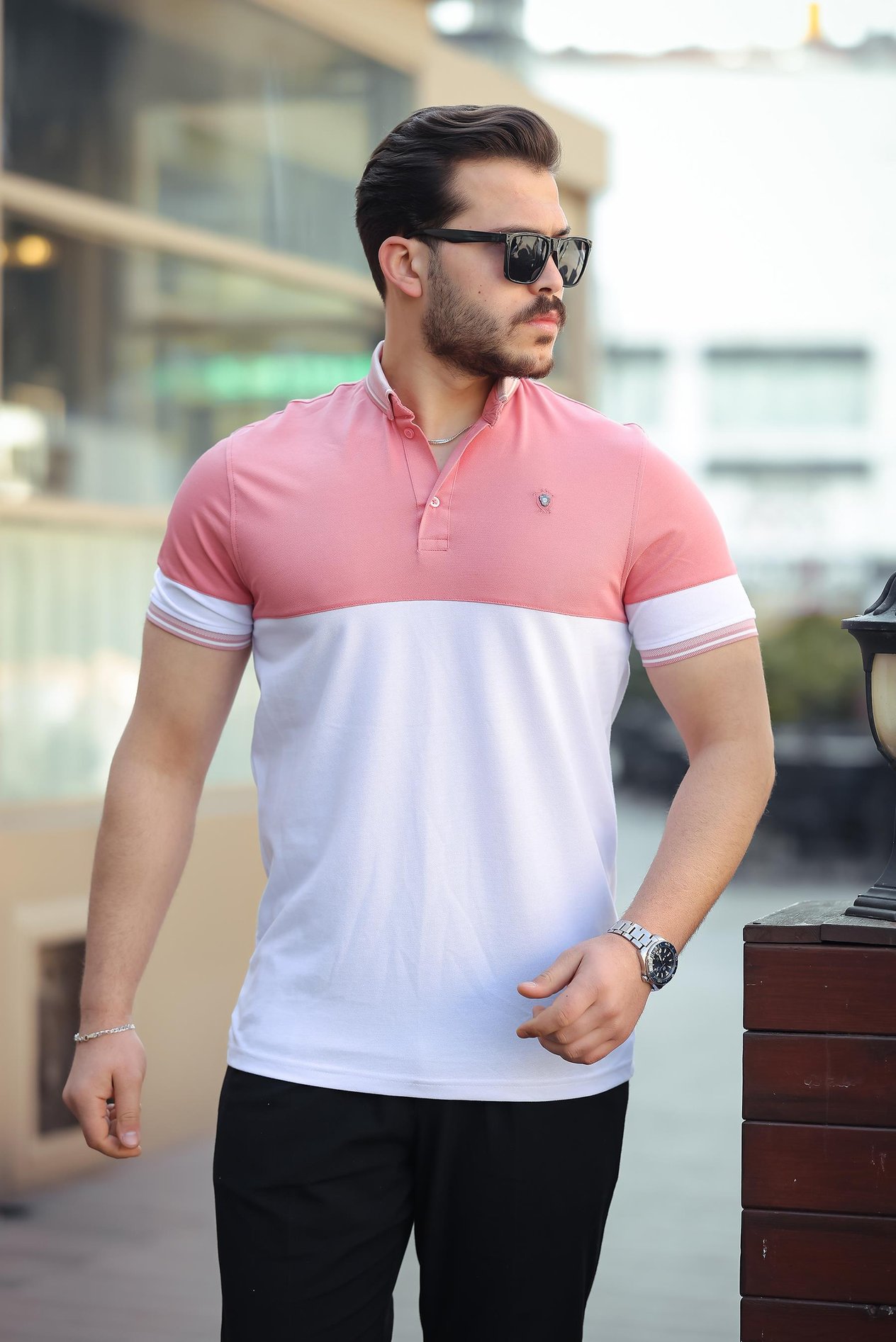 Miron Pembe Beyaz Kagi Ston Parçalı Polo Yaka Kısa Kollu Tişört- 2402