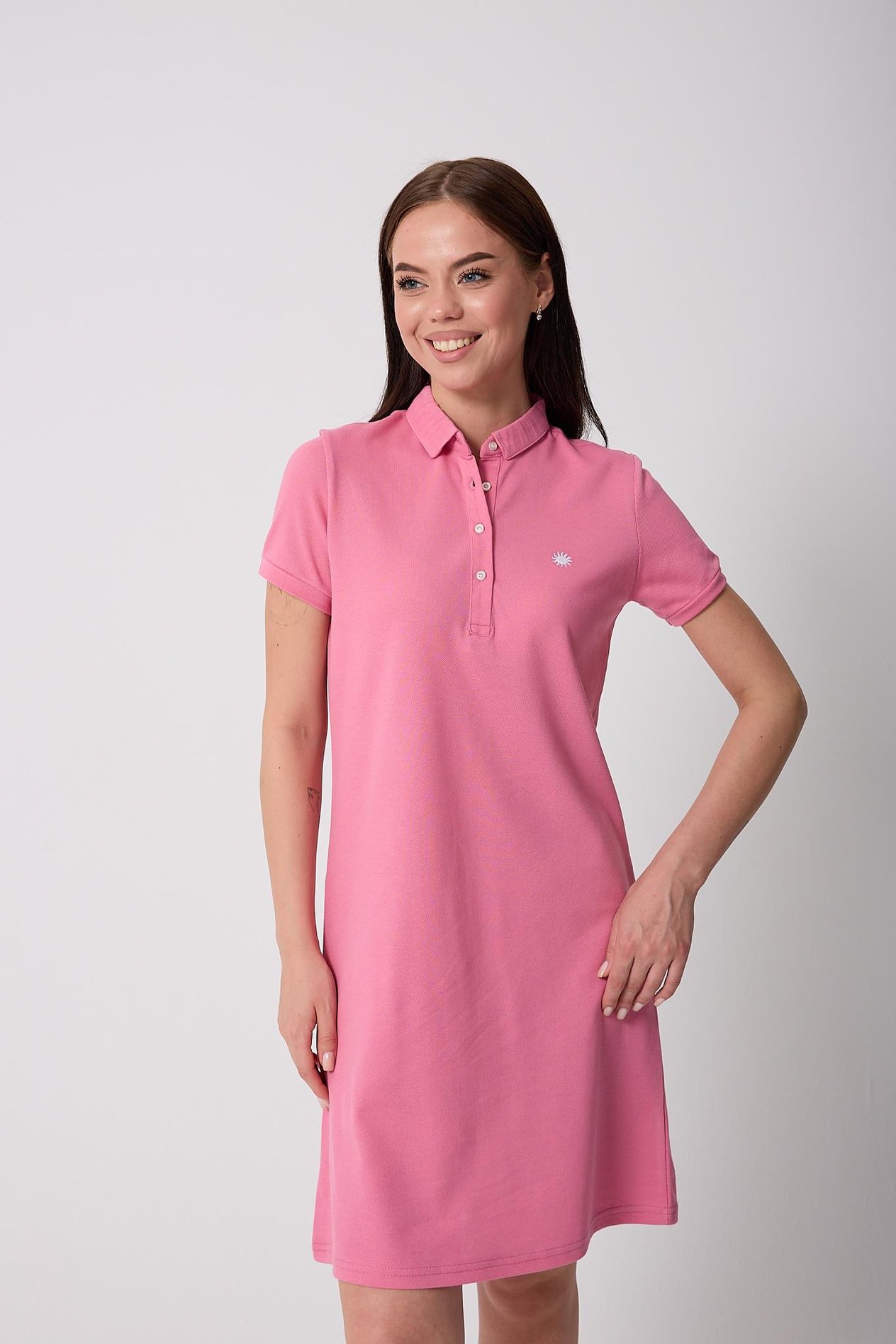 Miron Pembe Kadın Polo Yaka Kısa Kollu Örme Elbise -2431