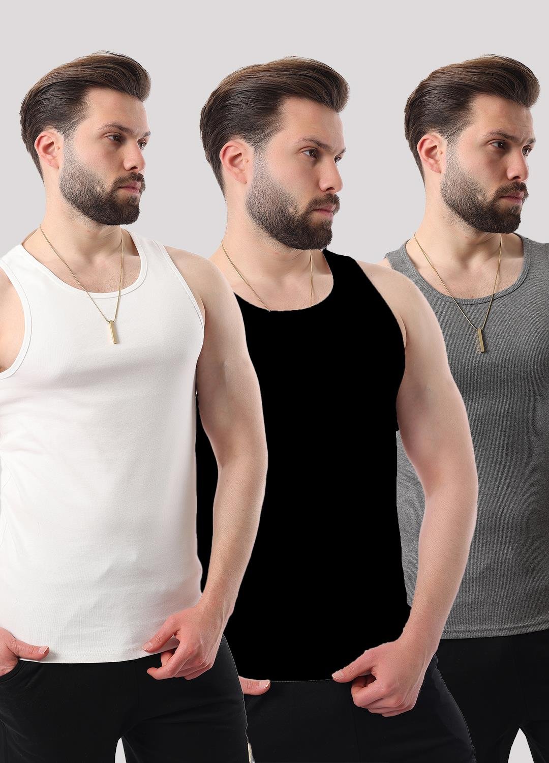 Miron Siyah Beyaz Antrasit Erkek Ribana Üçlü Paket Pamuklu Likralı & Atlet- 2517