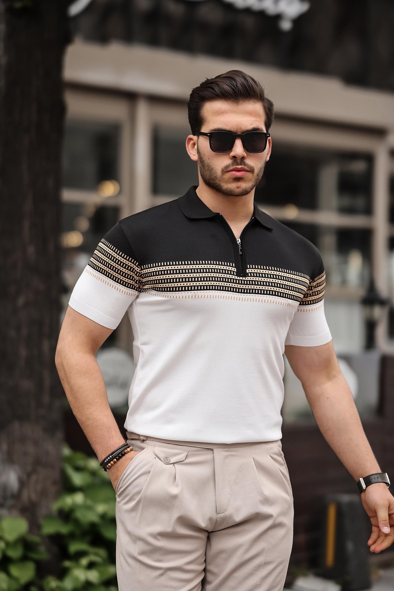 Miron Siyah Beyaz Fermuarlı Triko Polo Yaka Tişört