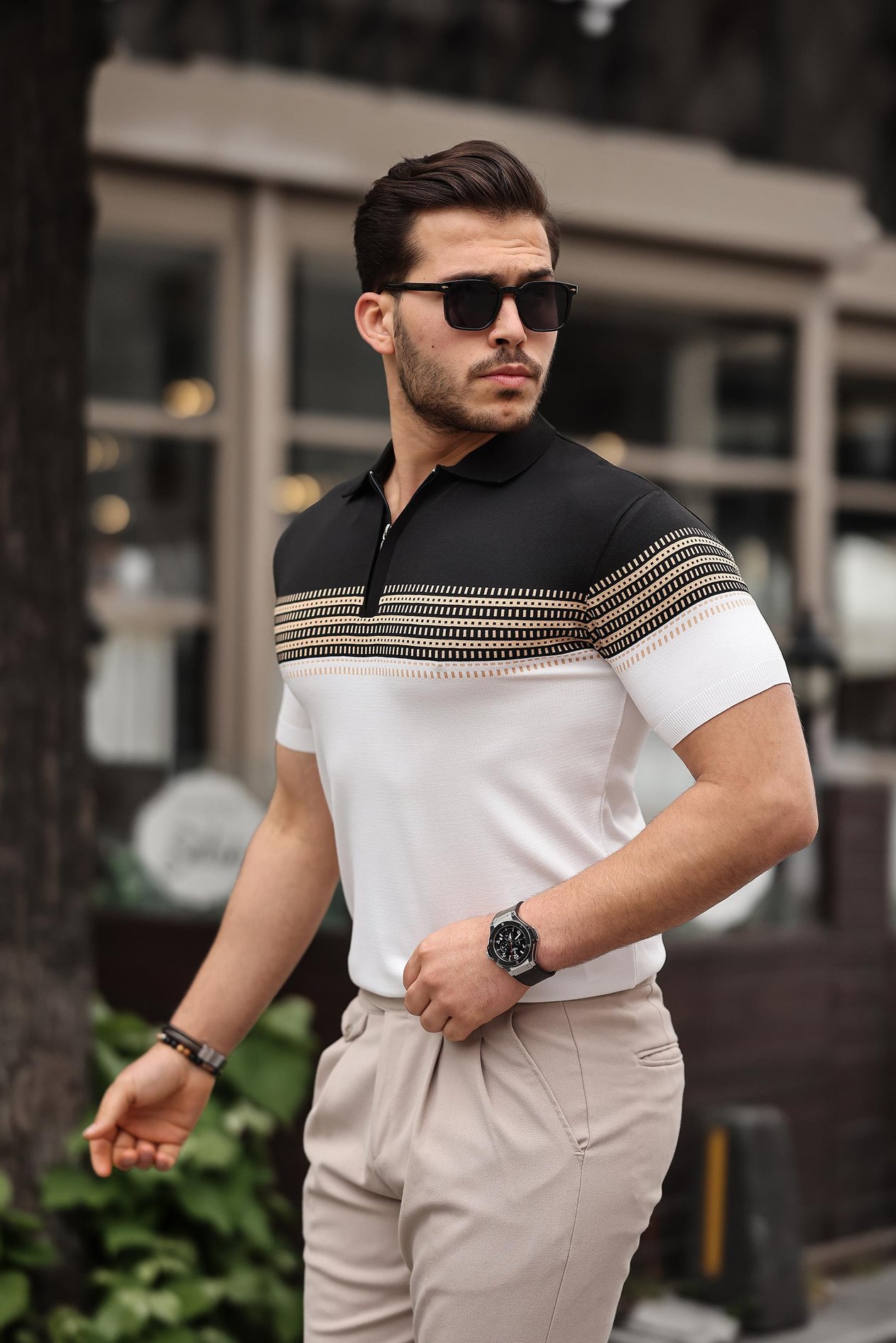 Miron Siyah Beyaz Fermuarlı Triko Polo Yaka Tişört
