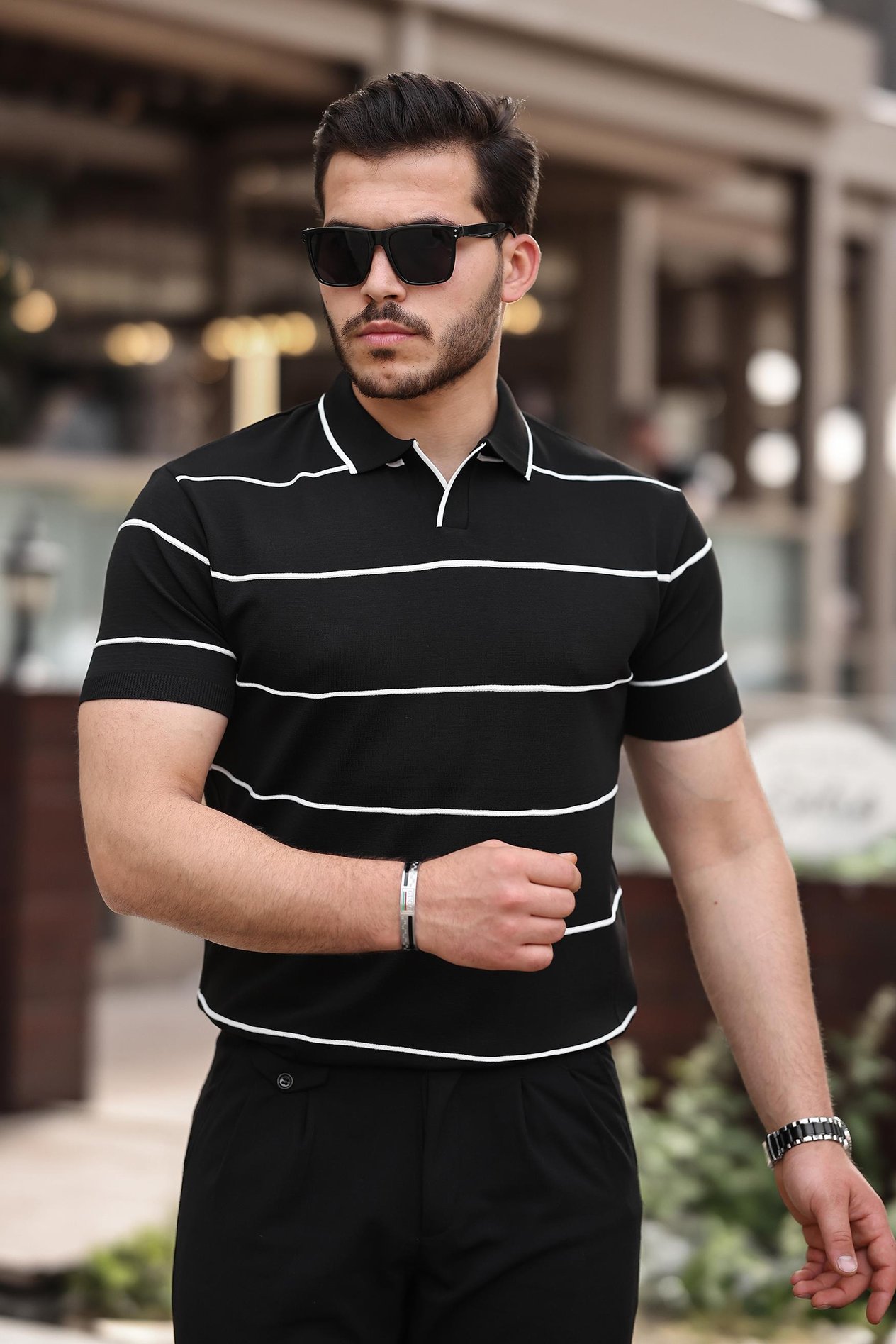 Miron Siyah Çizgili Triko Polo Yaka Tişört- 2427