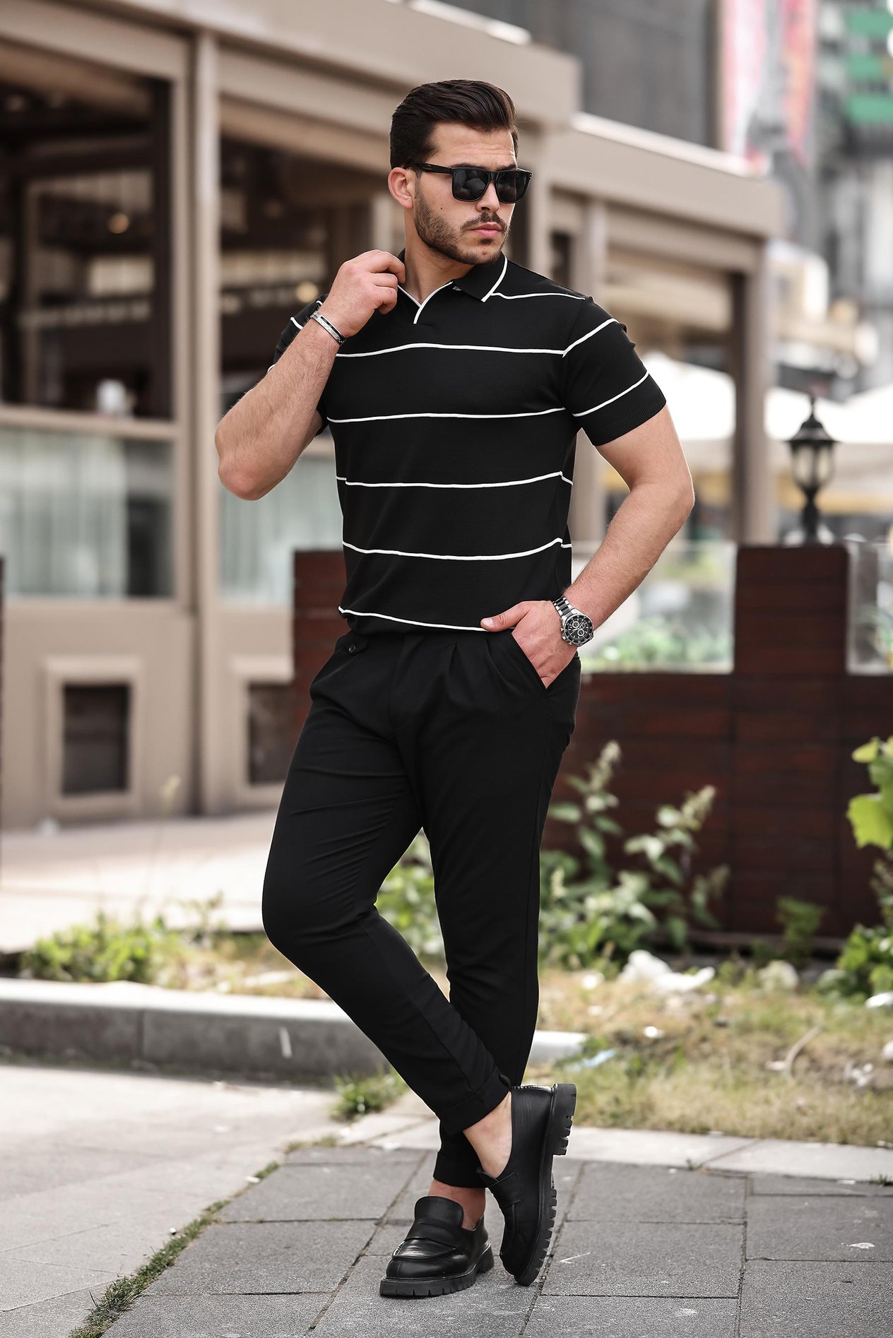 Miron Siyah Çizgili Triko Polo Yaka Tişört- 2427
