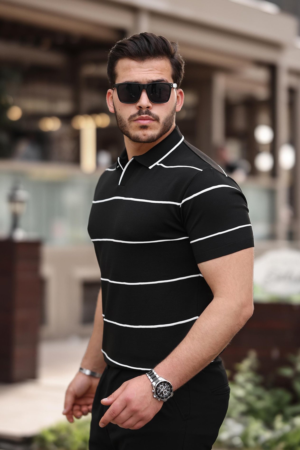 Miron Siyah Çizgili Triko Polo Yaka Tişört- 2427