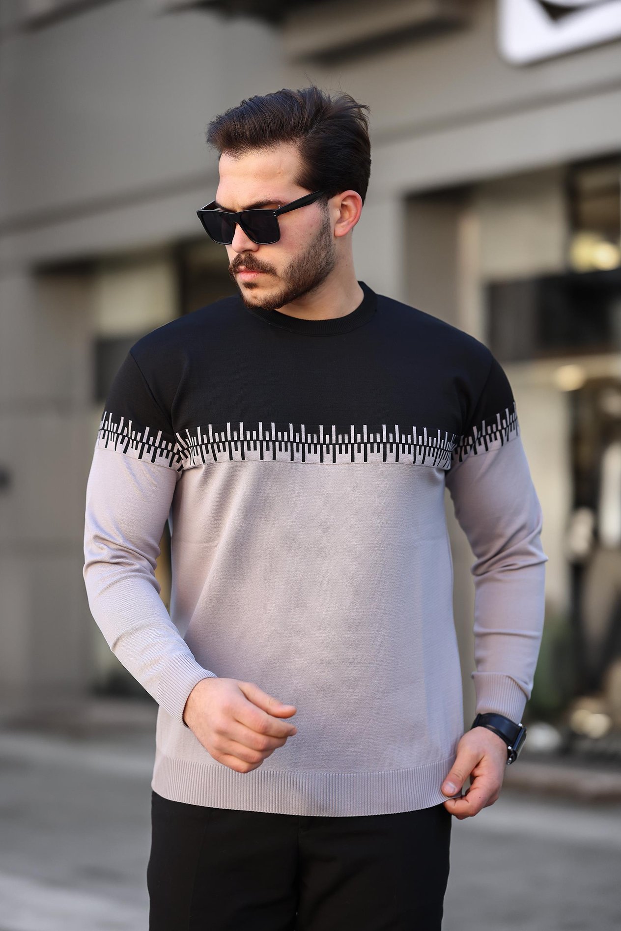 Miron Siyah Gri İki Renk Desenli Bisiklet Yaka Triko Kazak- 2447