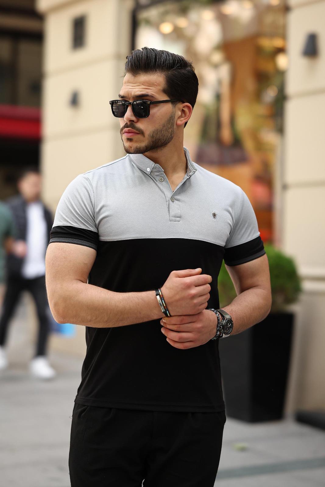 Miron Siyah Gri Kagi Ston Parçalı Polo Yaka Kısa Kollu Tişört- 2402