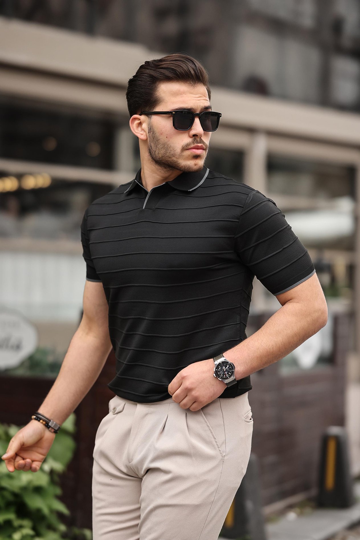 Miron Siyah Kabartma Çizgi Polo Yaka Triko Tişört