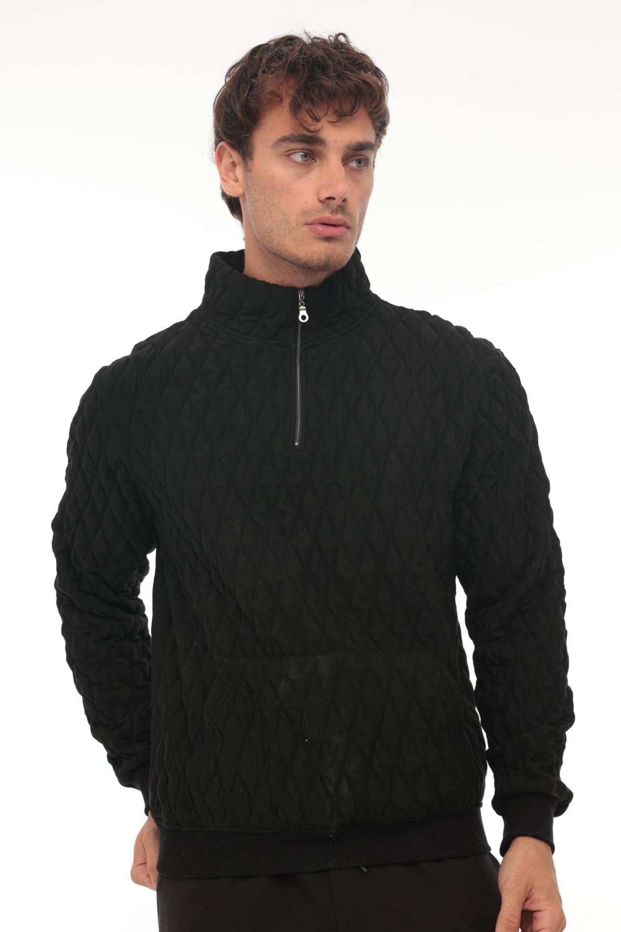 Miron Siyah Kapitone Detaylı Yarım Fermuarlı Regular Fit Sweatshirt
