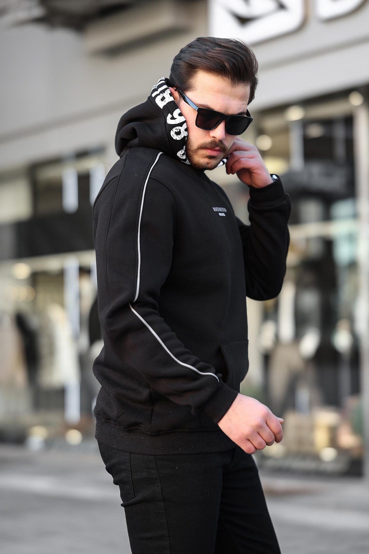 Miron Siyah Kapüşon Baskılı Üç İplik Oversize Sweatshirt- 2440