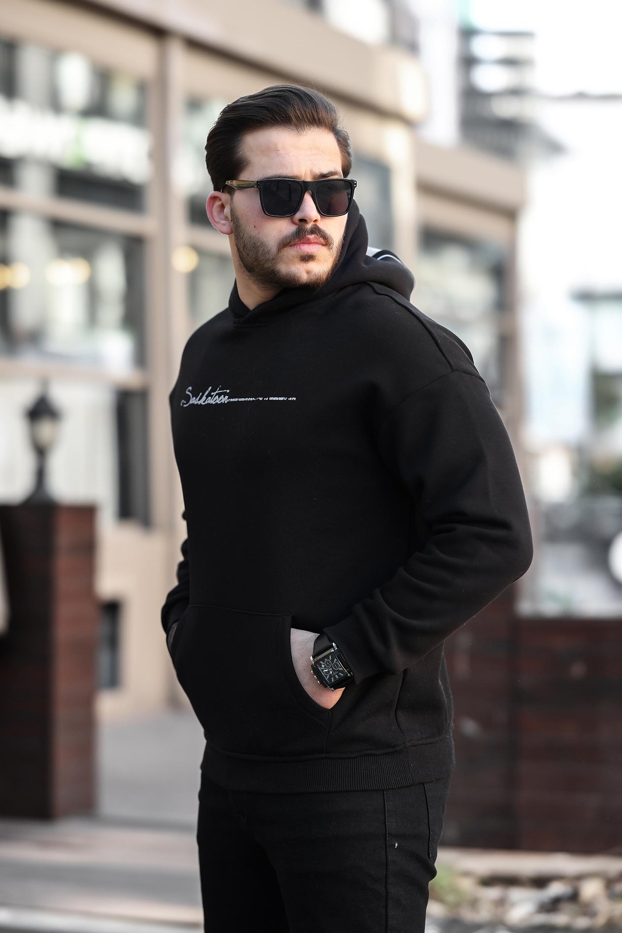 Miron Siyah Sırt Şeritli Kapüşonlu Üç İplik Oversize Sweatshirt-2437 