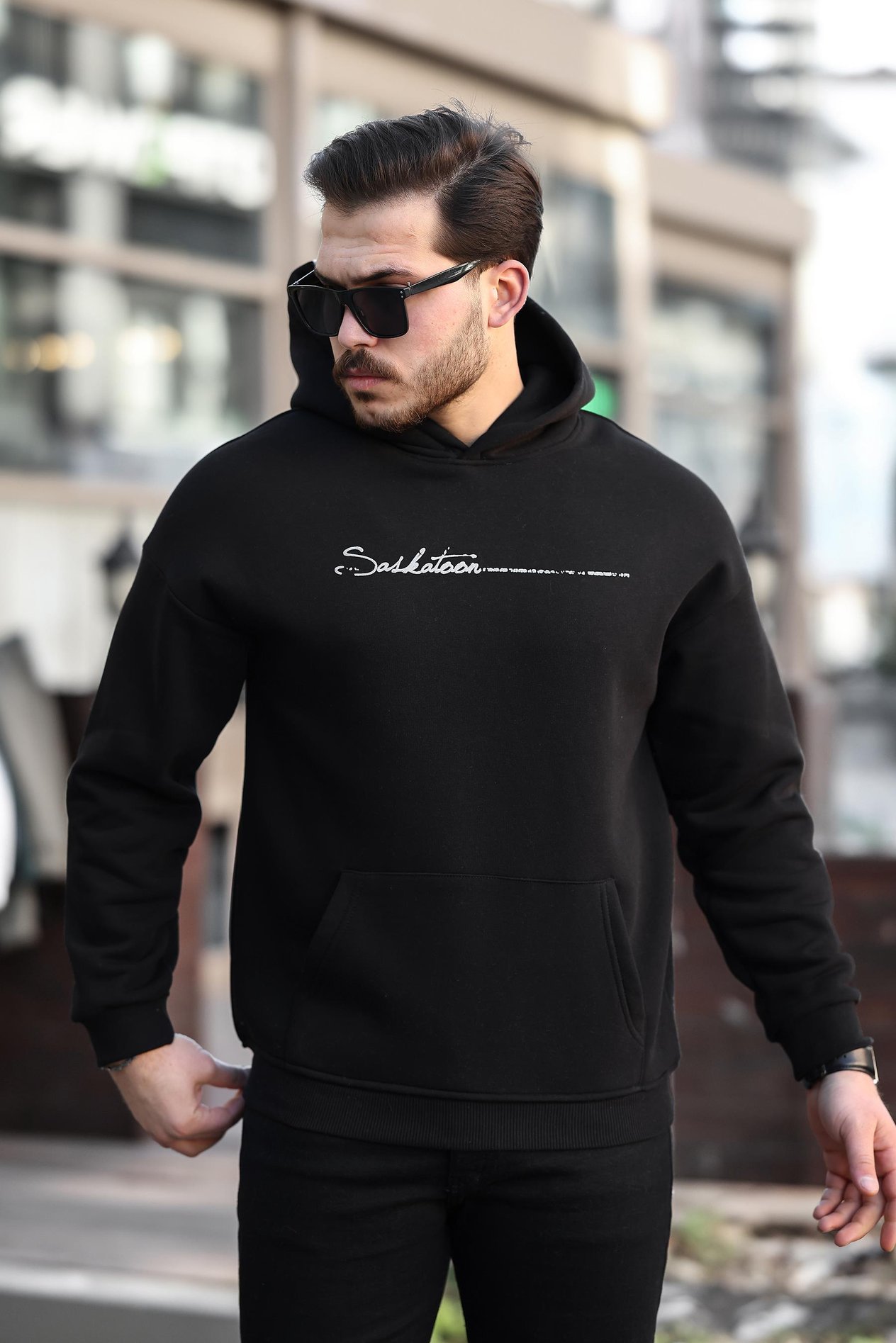 Miron Siyah Sırt Şeritli Kapüşonlu Üç İplik Oversize Sweatshirt-2437 